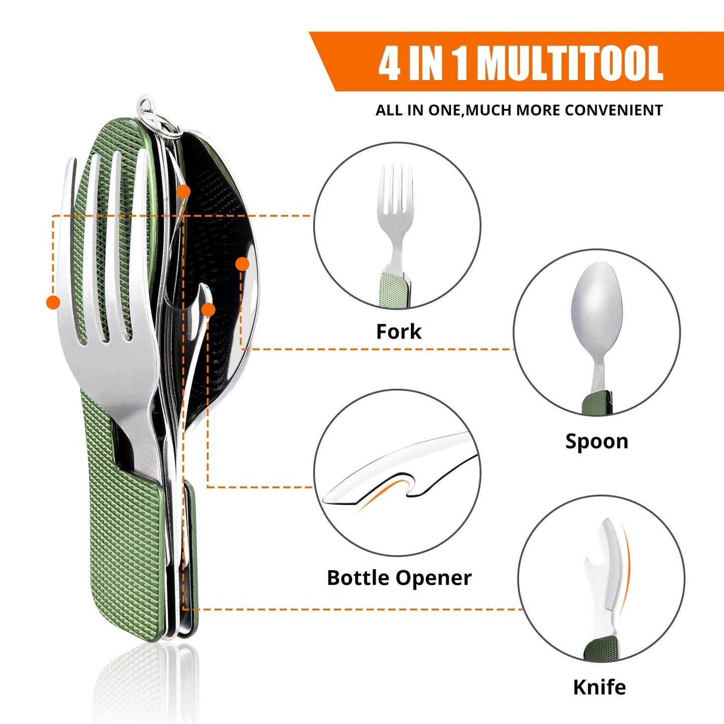 HIKENTURE Camping Utensils 2 Pack, 4-In-1 Stainless Steel Spoon Fork Knife Set Backpacking Travel Cutlery Metal Multitool Boy Scout(Green 2pack)