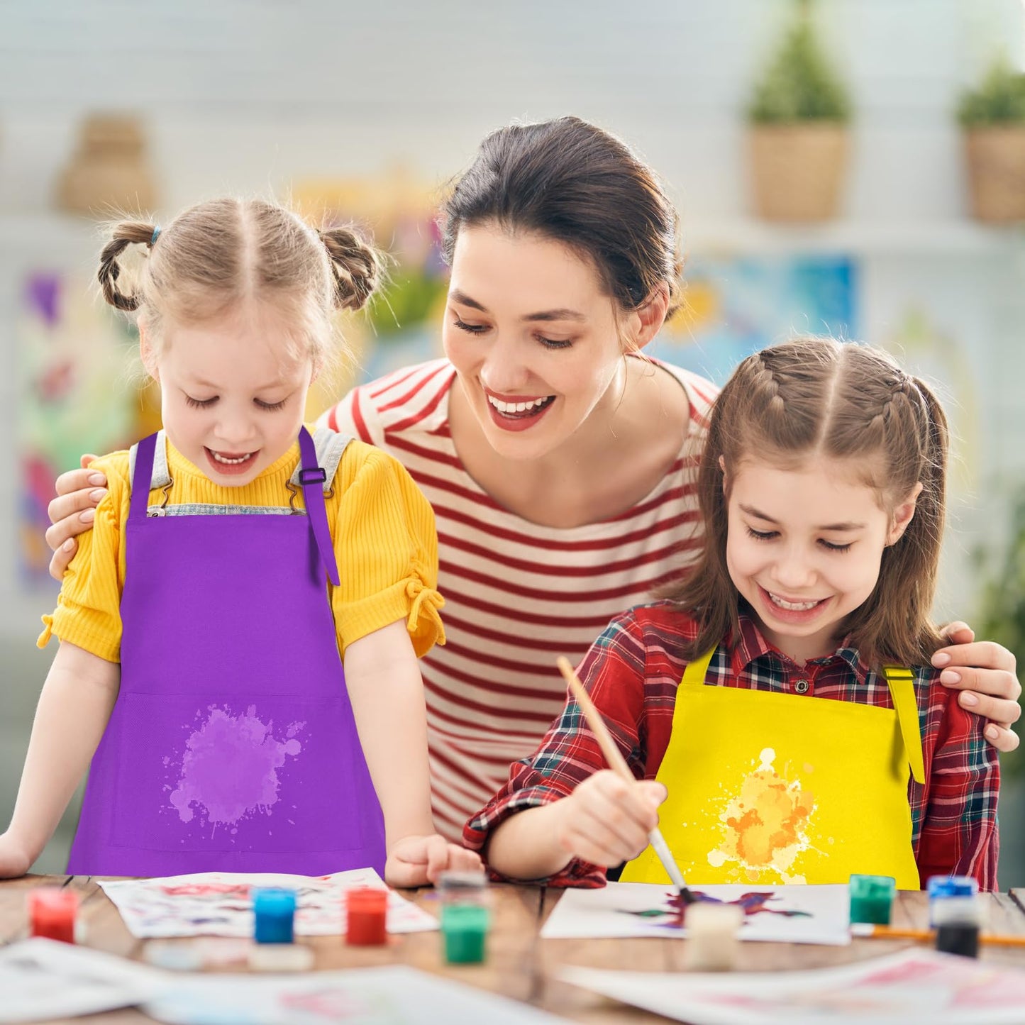 BOUBONI 12 Pack Kids Apron bulk with 2 Pockets Adjustable Chef Art Apron Kids Painting Aprons for Cooking Baking Painting Crafting Grilling Activity（12 Color）
