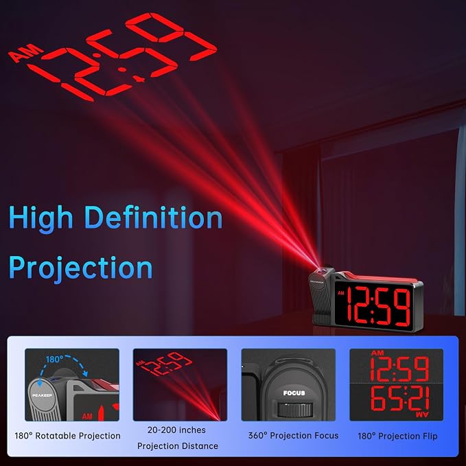 Peakeep Projection Alarm Clock for Bedroom Ceiling with Colorful Nightlight