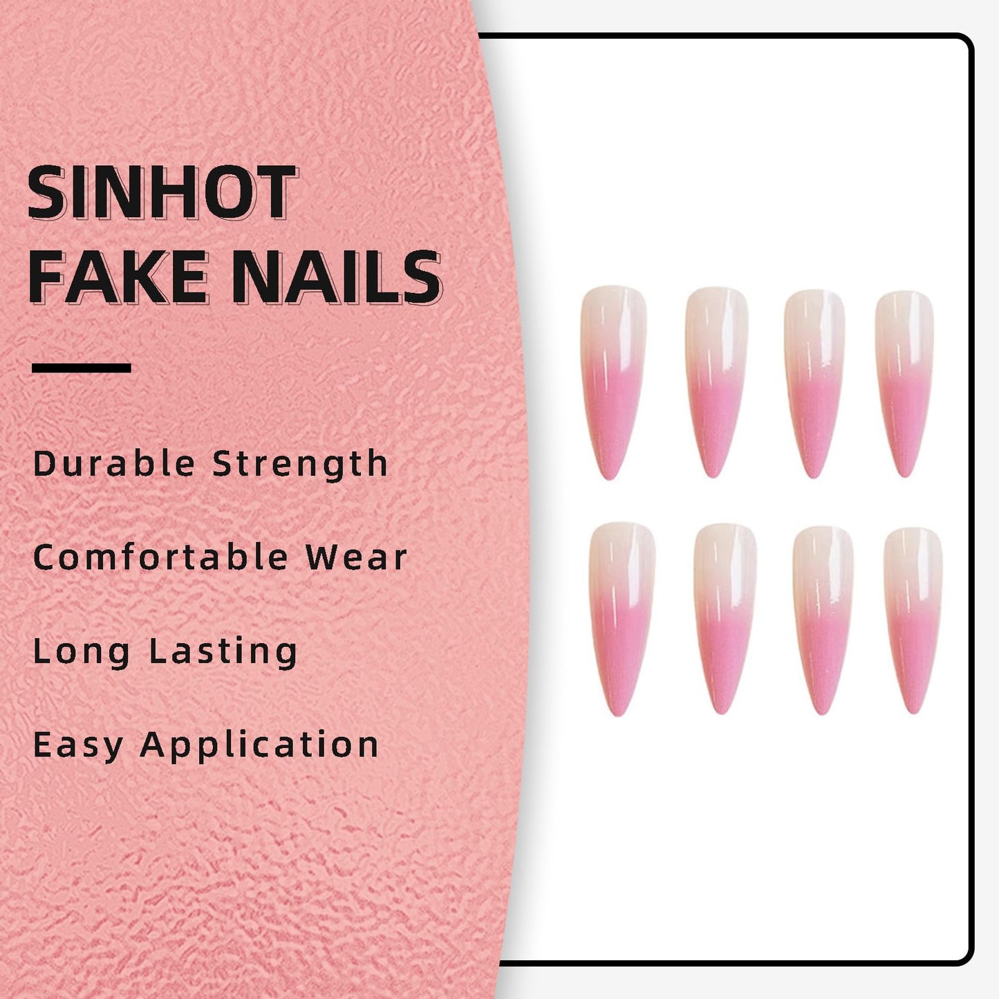 SINHOT Stiletto Press on Nails Long Fake Nails Glossy Glue on Nails Pink White Ombre Acrylic Nail Almond Artificial Nail Stick on False Nail with Design 24 pcs