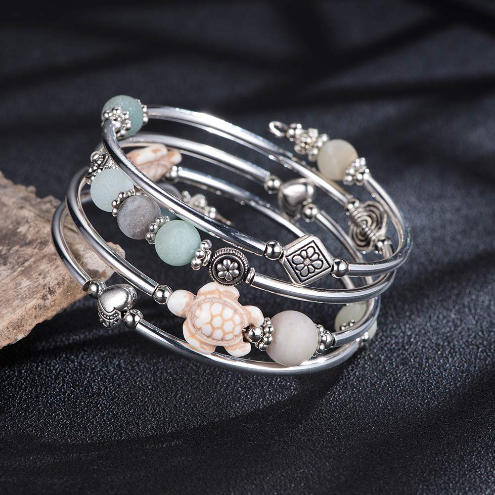 BULINLIN Layered Wrap Bangle Turquoise Bracelet - Bead Bracelet with Natural Agate Stone, Gifts For Women (17-Amazon Green turtle bracelet)