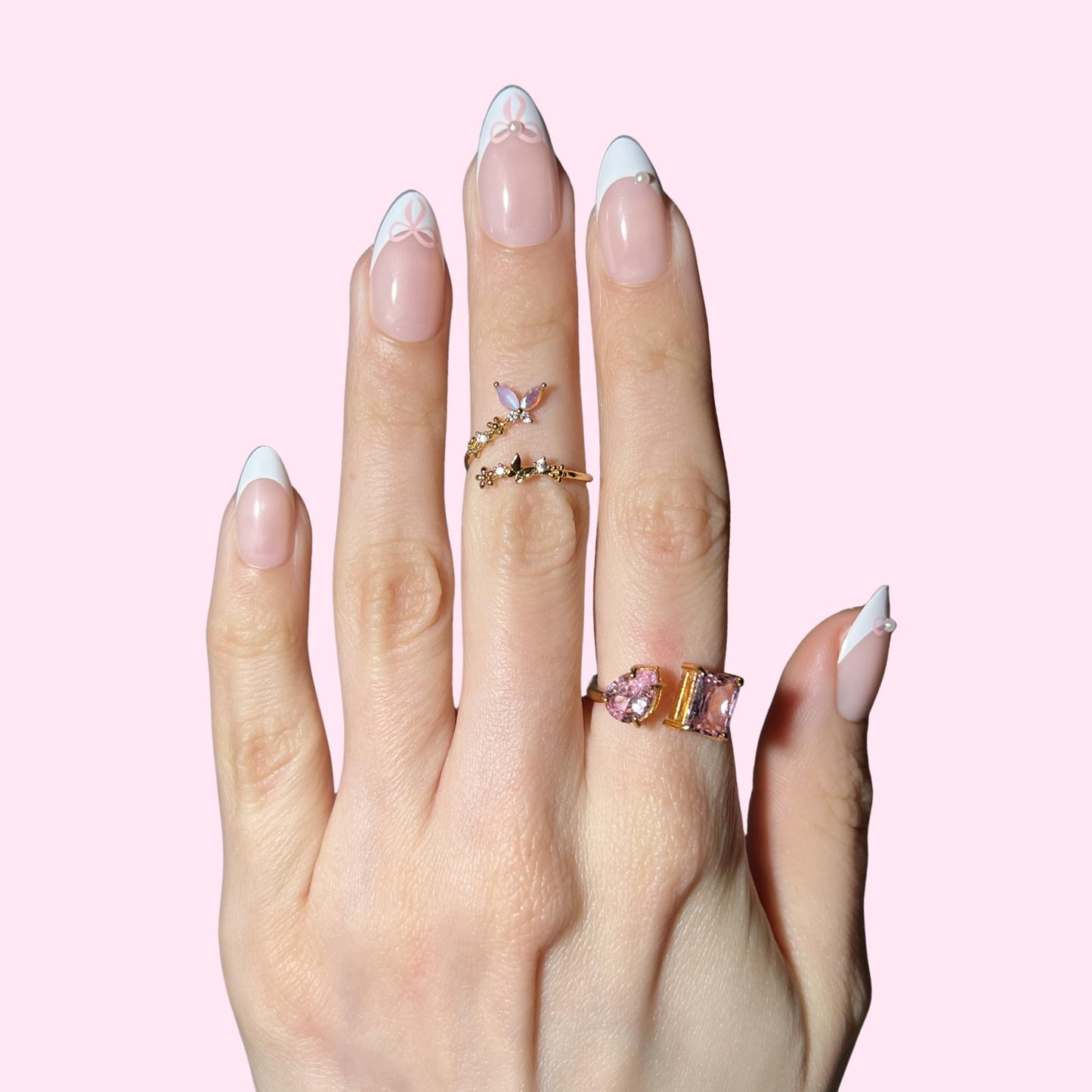 PaintLab Press On Nails - Belle Bows 3D Pearl French Tip Short Almond Fake Nails, 30 Nails in 15 Sizes with Glue, Reusable Salon Quality Press On Nails