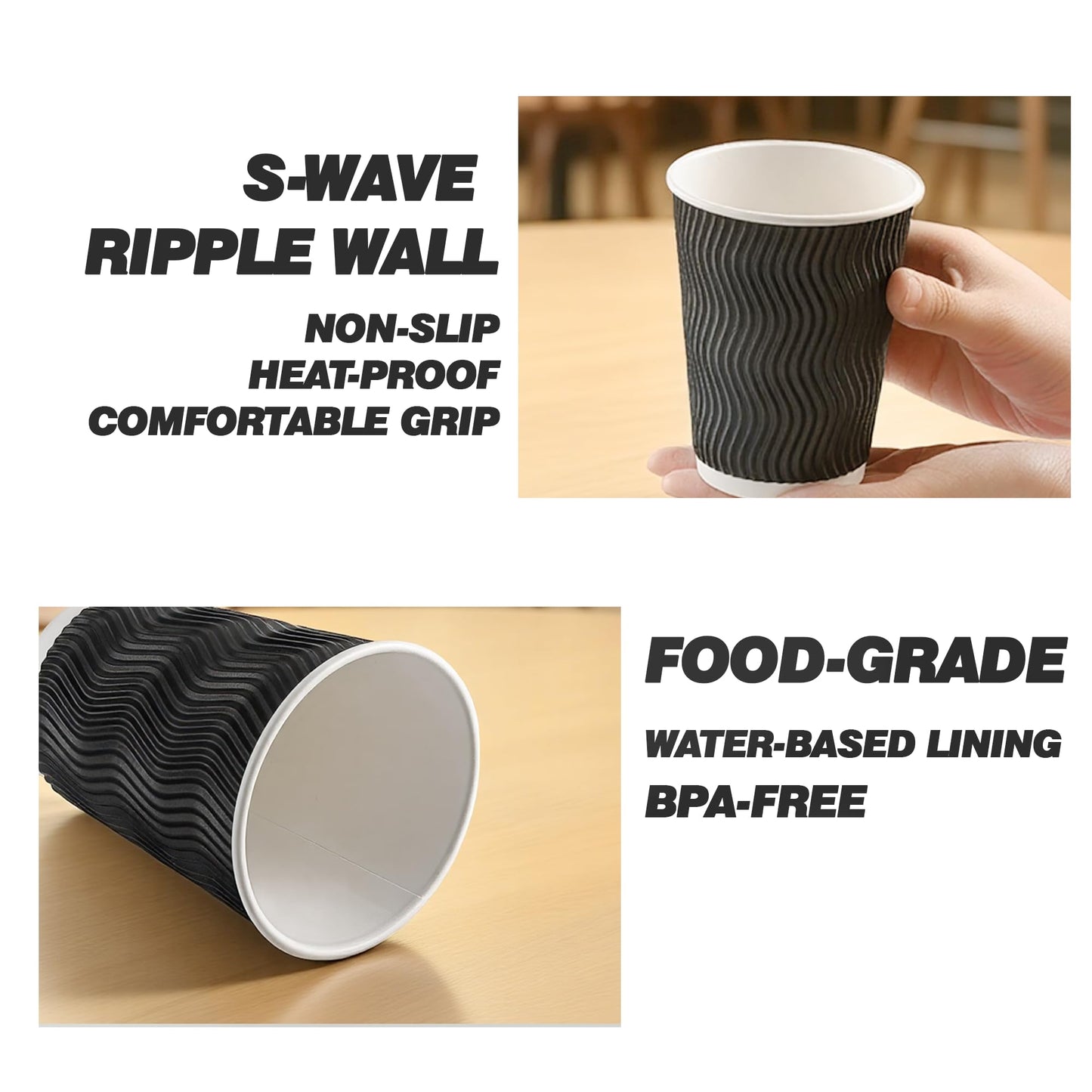 NUPANT 12oz -50 Pack Disposable Coffee Cups with Lids Insulated Corrugated Paper Cups Kraft Ripple Wall Paper Coffee Cups to Go for Hot/Cold Drinks, Disposable Cups for Home Office Party Cafe(Black)