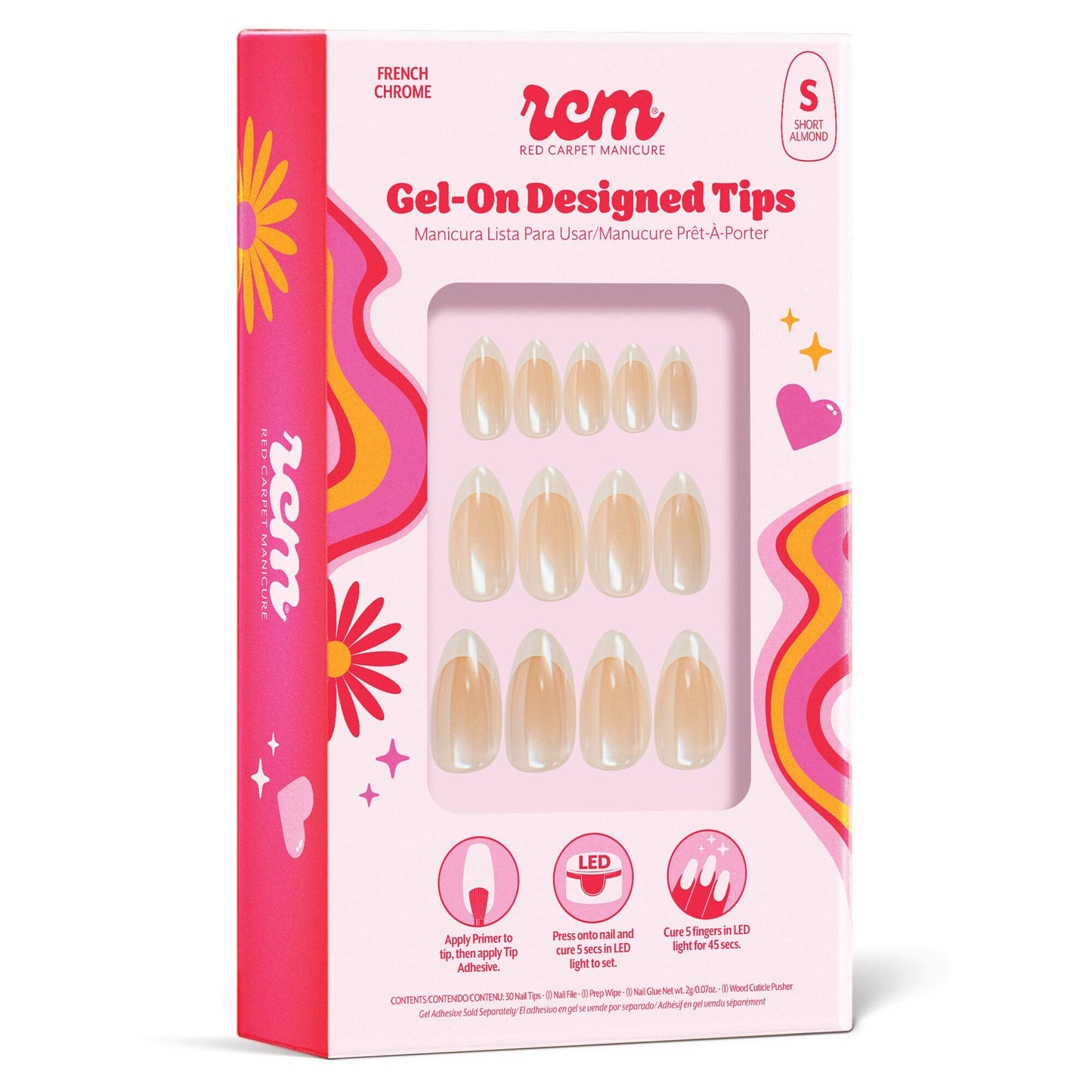 RC Red Carpet Manicure Gel-On Designed Tips - Full Coverage, Flexible, Break-Resistant, 21-Day Wear, UV/LED Cured Gel Adhesion for Natural Look (French Chrome Short Almond)