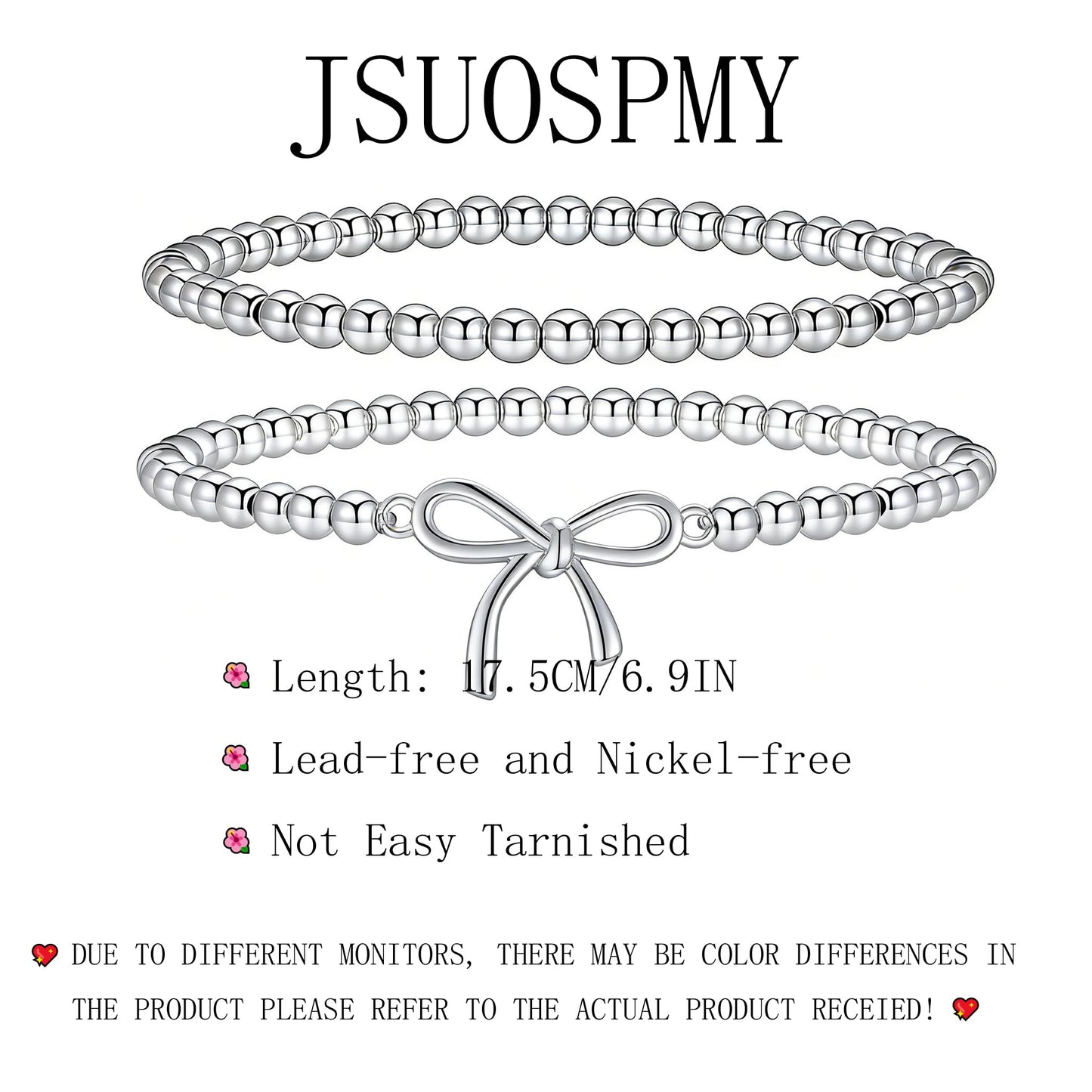 Jsuospmy Silver Beaded Bracelets for Women 14K Silver Bow Bracelet Handmade Stackable Bracelets for Women Trendy Non Tarnish Bracelet Jewelry Gift for Womens 2Pcs (07.Bow+Beaded (Silver))