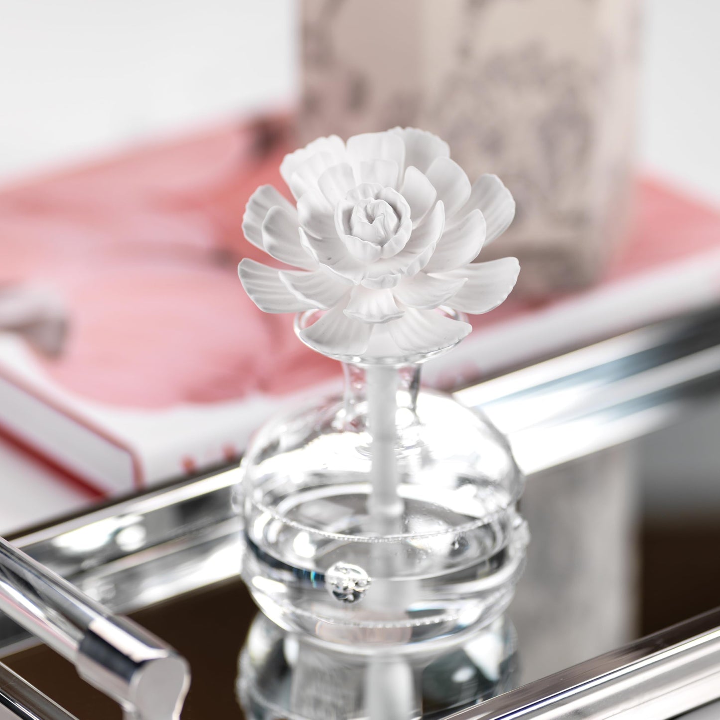 Zodax Grand Casablanca Reed Diffuser - Home Fragrance Oil Diffuser Ideal for Living Room, Bathroom, Office - Porcelain Flower Design - Gift Box Packaging Included - Moroccan Peony - 1.69 Oz.