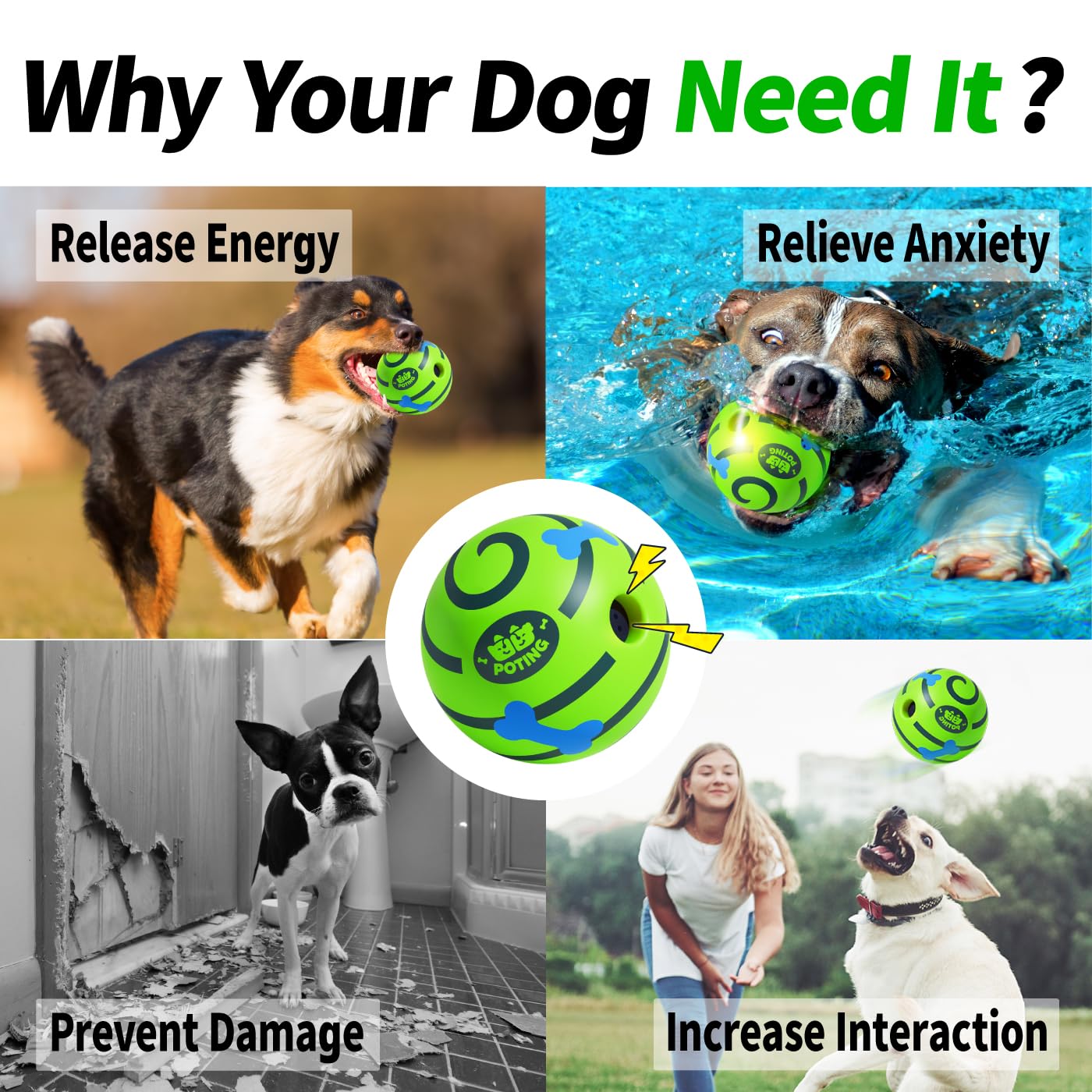 POTING Giggle Ball for Dogs 2 Pack, Glowing Interactive Dog Toys Balls, Rolling Squeaky Toy for Large Medium Small Dogs, Fun Giggle Sounds Attract Attention When Rolled or Shaken - 3.94 inch