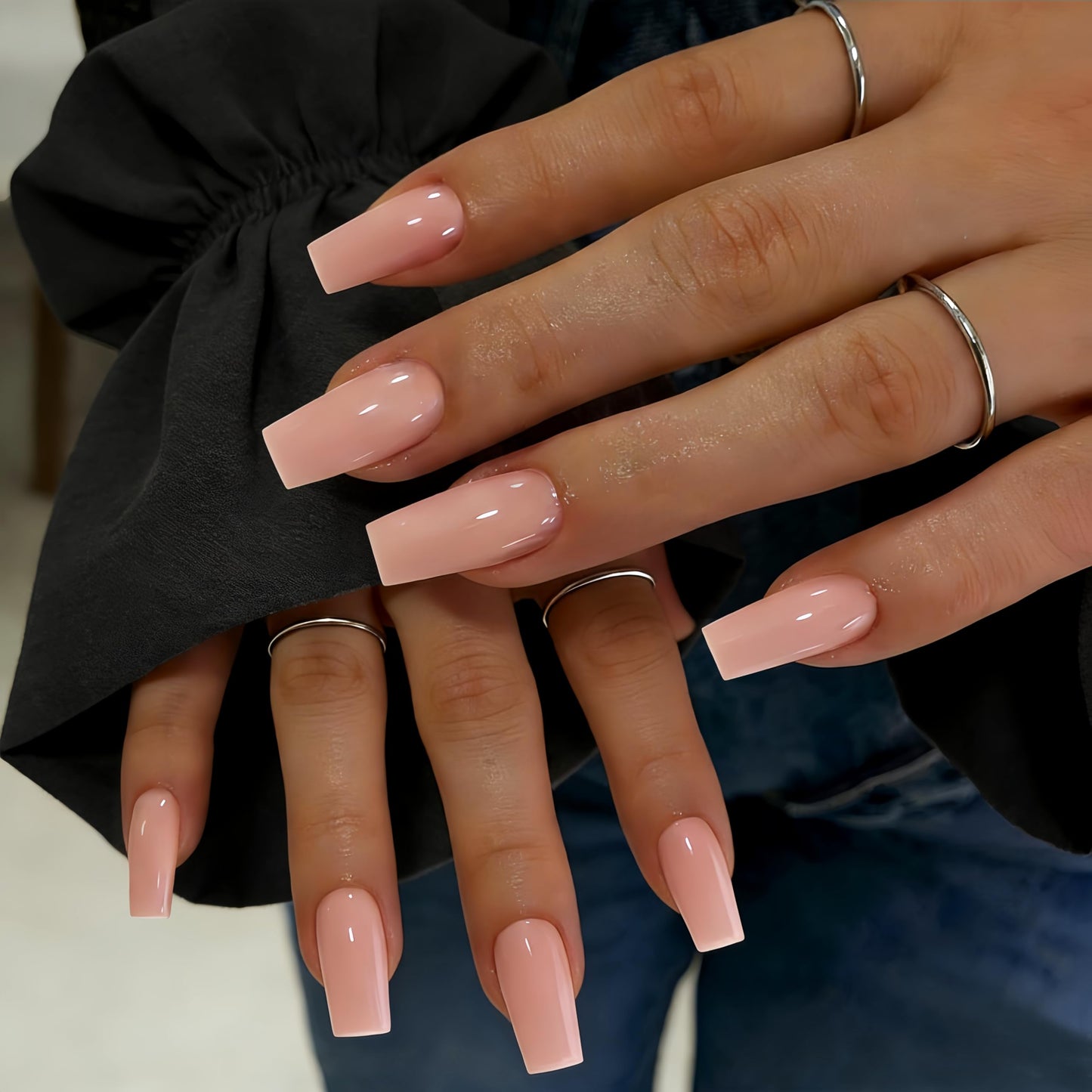 SXVME Press On Nails Long Square - Peach Orange Press on Nails with Glue for Women, Natural Simple Fake Nails Press ons Medium, Glossy Soft Gel Glue on Nails Coffin, Reusable Nail Stick Ons, 24 Pcs