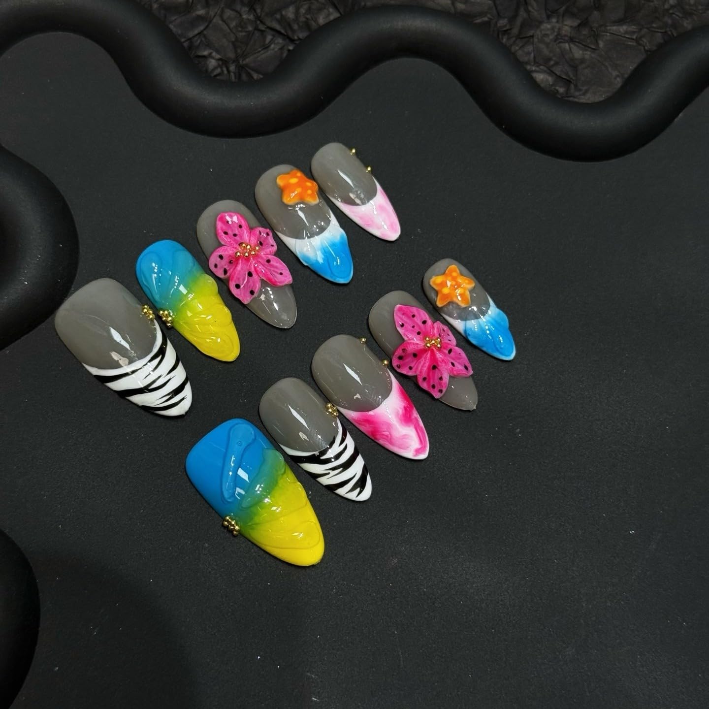 Handmade Press on Nails for Women - Medium Almond 3D Thick Acrylic Reusable Fake Nails with Designs Summer Floral Boho Funky Tropical Cute Nail-art Set 10pcs,colorful,S