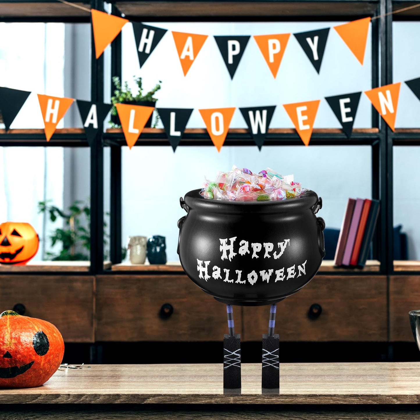 Shappy Halloween Decorations Cauldron Candy Bowl 8 Inch Plastic Black Witches Legs Candy Dish Bucket for Halloween Decor with Stickers Kitchen Trick or Treat Party Supplies Home Indoor Decor