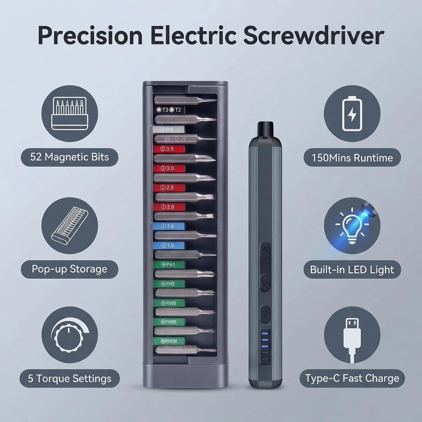 JIEHET Mini Electric Screwdriver Set, Cordless Screwdriver, Max 0.5N.m, 52 Magnetic Bits, LED Light, Magnetic Storage, Repair Tool for Electronics, Camera, Laptop, and PC Build