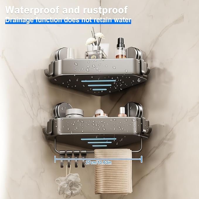 Suction Cup Shower Caddy Corner, 1 Pack Suction Corner Shower Shelves No Drilling, Rustproof Shower Organizer Suction Cup with Towel Holder & Hooks Removable Bathroom Storage Rack(Gray)