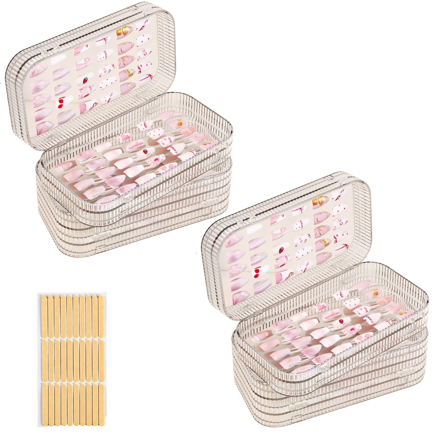 Oskrieel Large Tri-Fold Press On Nail Organizer Case - 4-Page Portable Storage Box for Fake Nails, Clear PET Plastic Travel Holder (6×3.2×1.8 inch) Texture 2Pcs