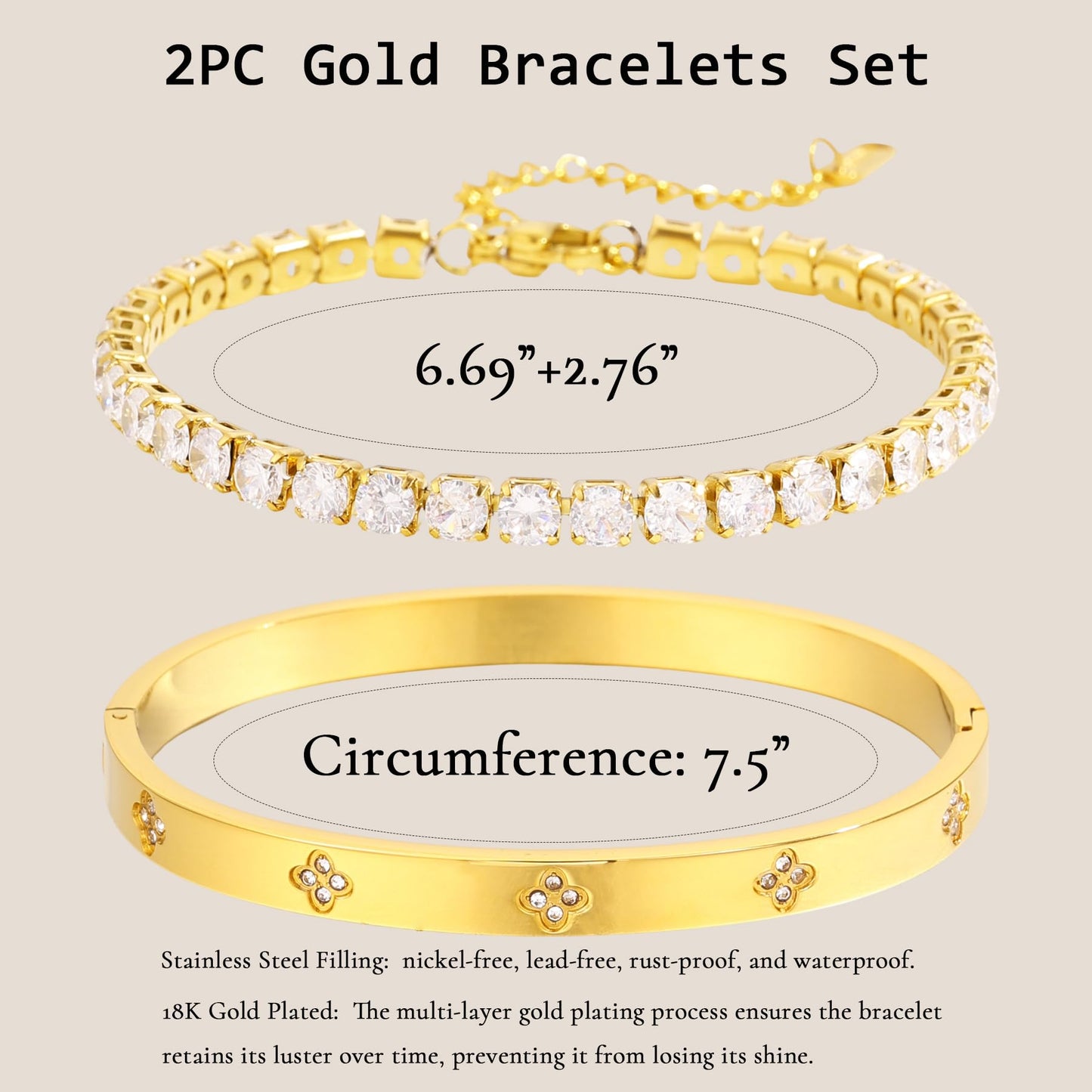 Acnode 18K Gold Plated Clover & Nail Bangle Bracelet for Women,Stainless Steel Non-Tarnish Stackable Nail Bangle Couple Bracelet for Love Trendy Jewelry (Gold-2PCS)