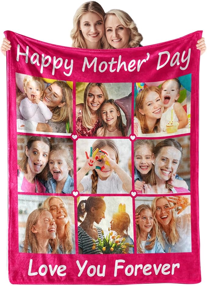 Mothers Day Blanket Gifts for Mom,Custom Blanket with Picture Text Personalized Photo Throw Blanket Customized New Moms Gift from Daughter Son Husband, Birthday Gift for Wife Grandma Grandmother Women