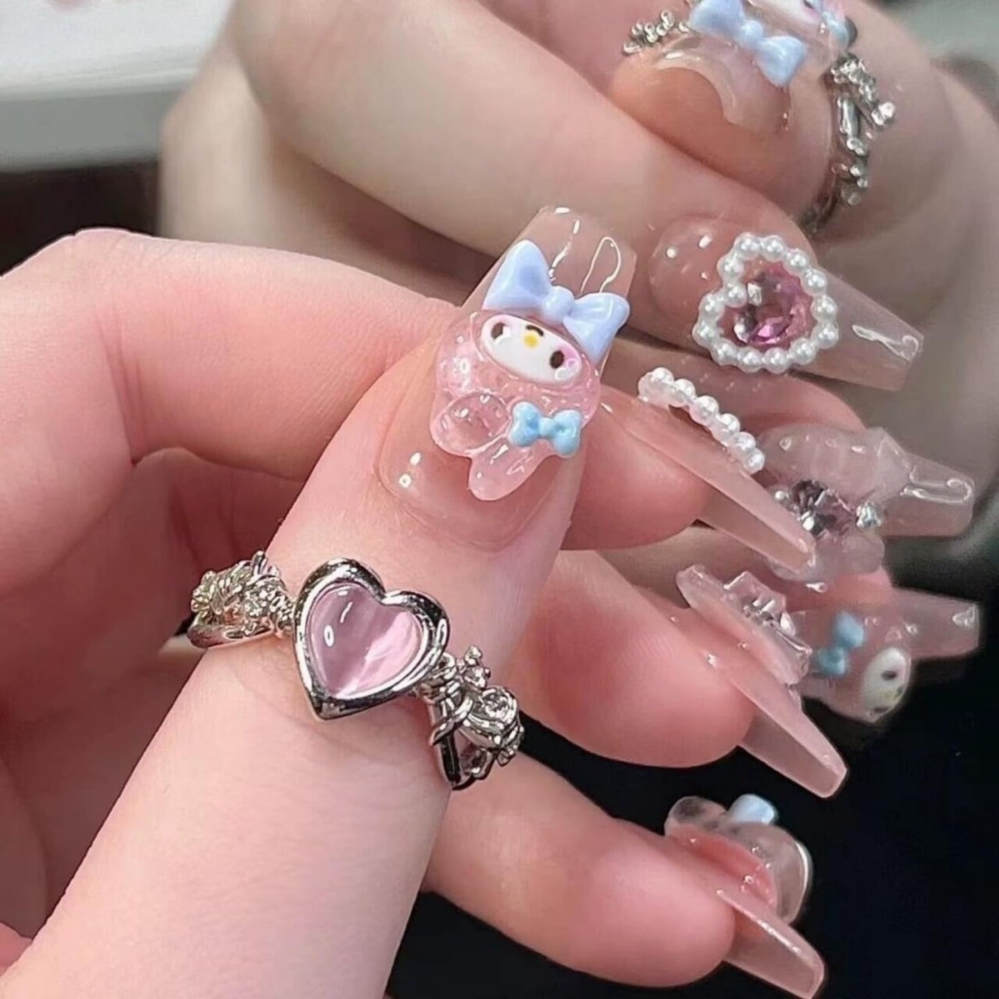 NLSJMP Thick Gel Press On Nails,Pink Acrylic Handmade Square Fake Nails, Reusable Cute Rabbit Kawaii Luxury Glue On Nails Set With Application Tools,10 pcs Size L,#949