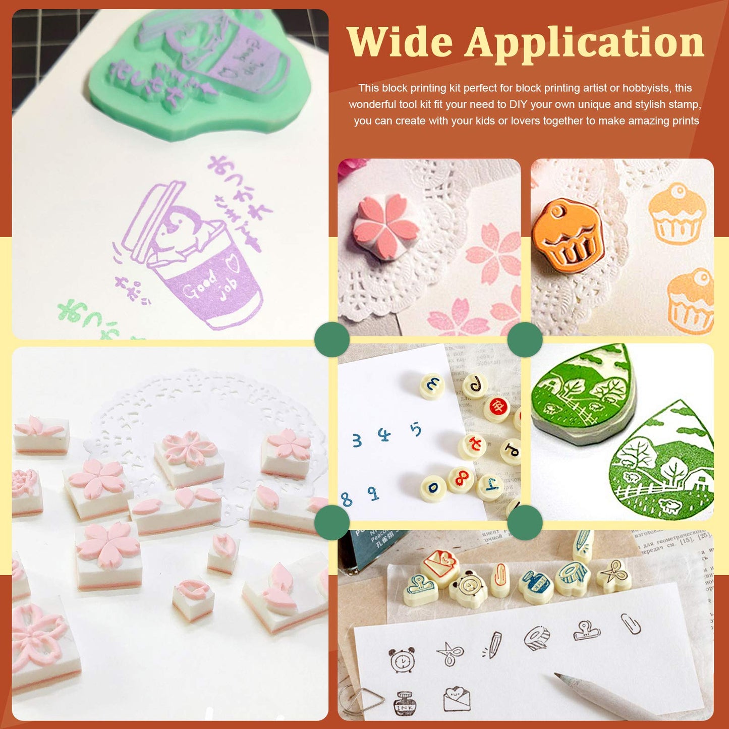 Keadic 24 Pieces Block Printing Starter Tool Kit, Rubber Stamps Making Set with Round & Square Rubber Carving Blocks, Linoleum Cutter Tools & Grindstone for Stamp Carving and Printmaking
