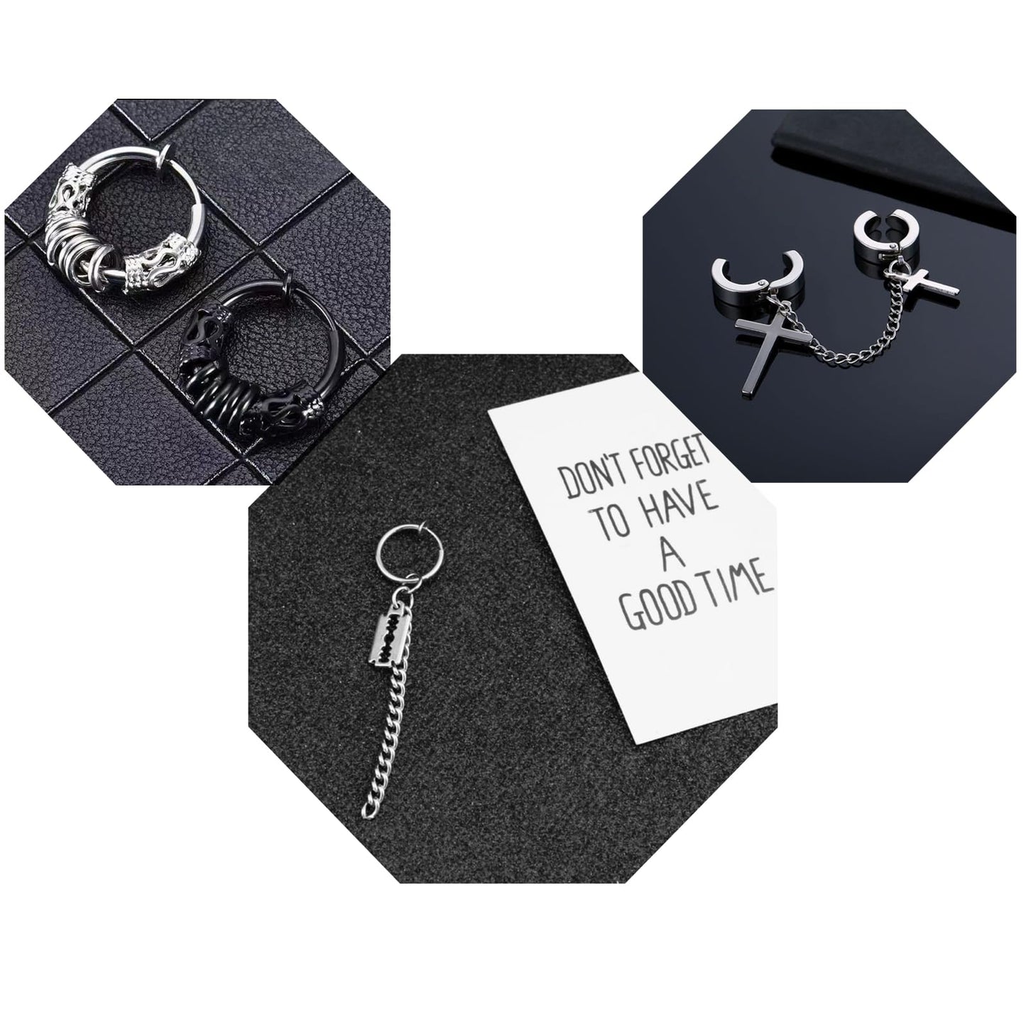 14 Pcs Silver Gothic Viking Non Pierced Cross Sword Spike Awl Peace Dangle Chain Clip on Hoop Earrings Set for Unisex Fake Piercing CZ Earrings