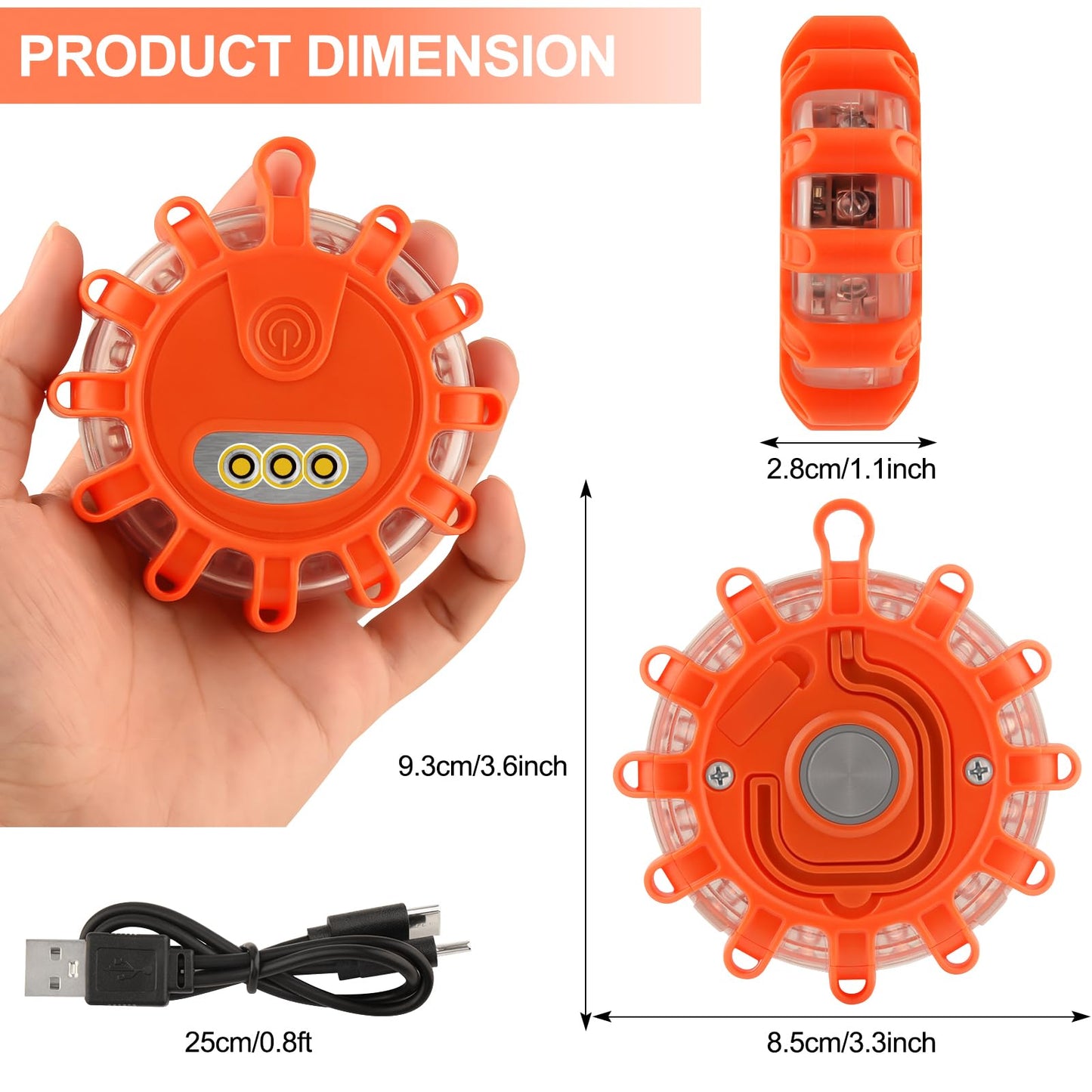 AK LED Road Flares Rechargeable Safety Flashing Warning Light Roadside Emergency Disc Beacon Kit for Vehicles Boats with Magnetic Base & Hook & USB Charging Cables (4 Pack)