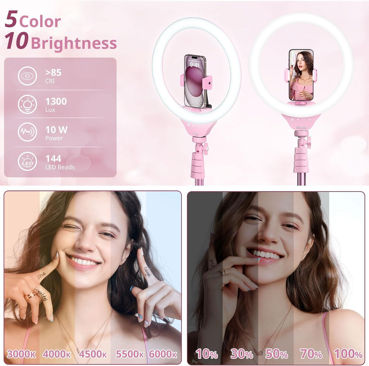 UBeesize 12'' Selfie Ring Light with 62’’ Tripod Stand for Video Recording, Live Streaming(YouTube, Instagram, TIK Tok), Compatible with Phones, Cameras and Webcams Pink
