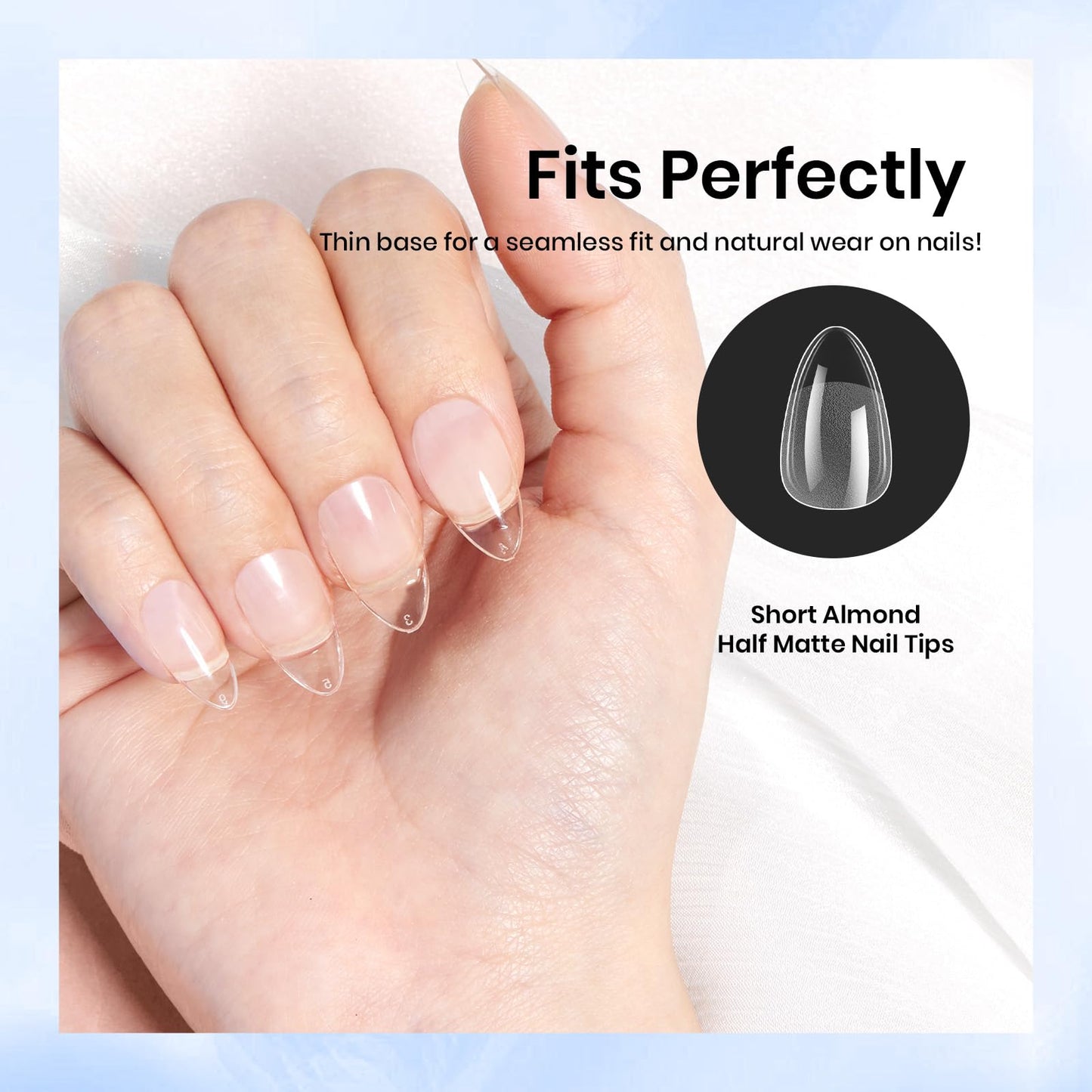 Beetles Gel Nail Tips Almond Short, 576Pcs 12 Sizes Etch-X Half Matte Full Cover Soft Acrylic False Nail Tips Easy DIY Fake Press On Nail Extension Set Salon Gift for Women