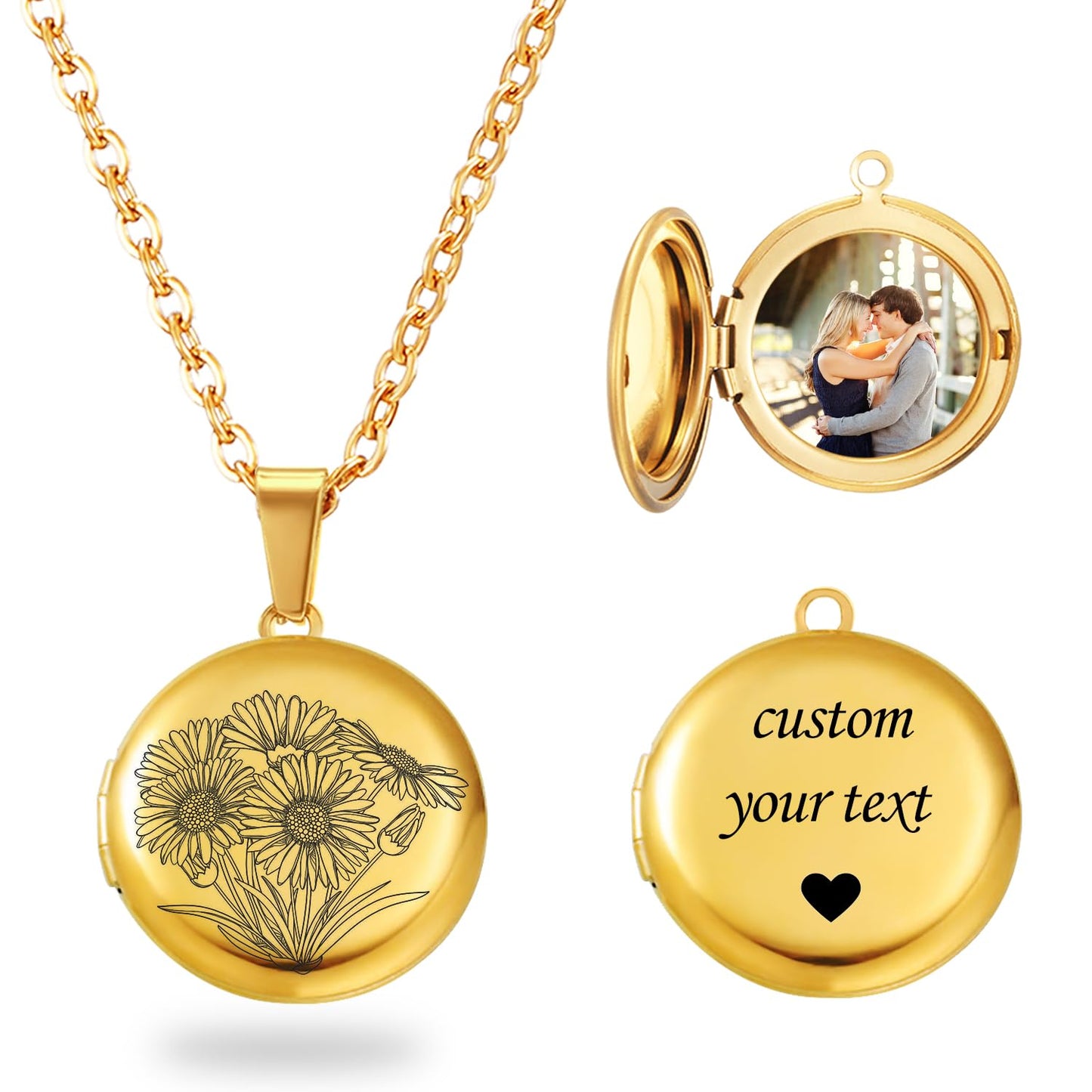 PHOCKSIN Gold Round Locket Necklace 12 Birth Flowers Personalized Necklace that Holds Pictures Customized Gifts Locket Necklaces for Birthday