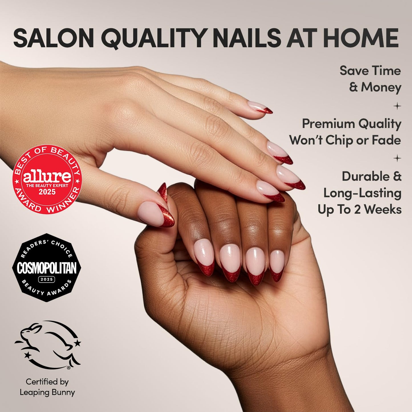 Glamnetic Press On Nails - Red Affair | Short Almond Red Glitter French Tip Fake Nails with a Glossy Finish | 15 Sizes - 30 Nail Kit with Glue