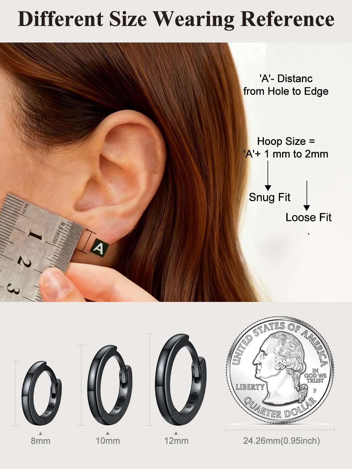 SILVERCUTE 925 Sterling Silver Huggie Hoop Earrings for Women,Hypoallergenic Black Small Hoop Earring Cartilage Earring Lightweight Huggies Earrings for Women,8/10/12mm