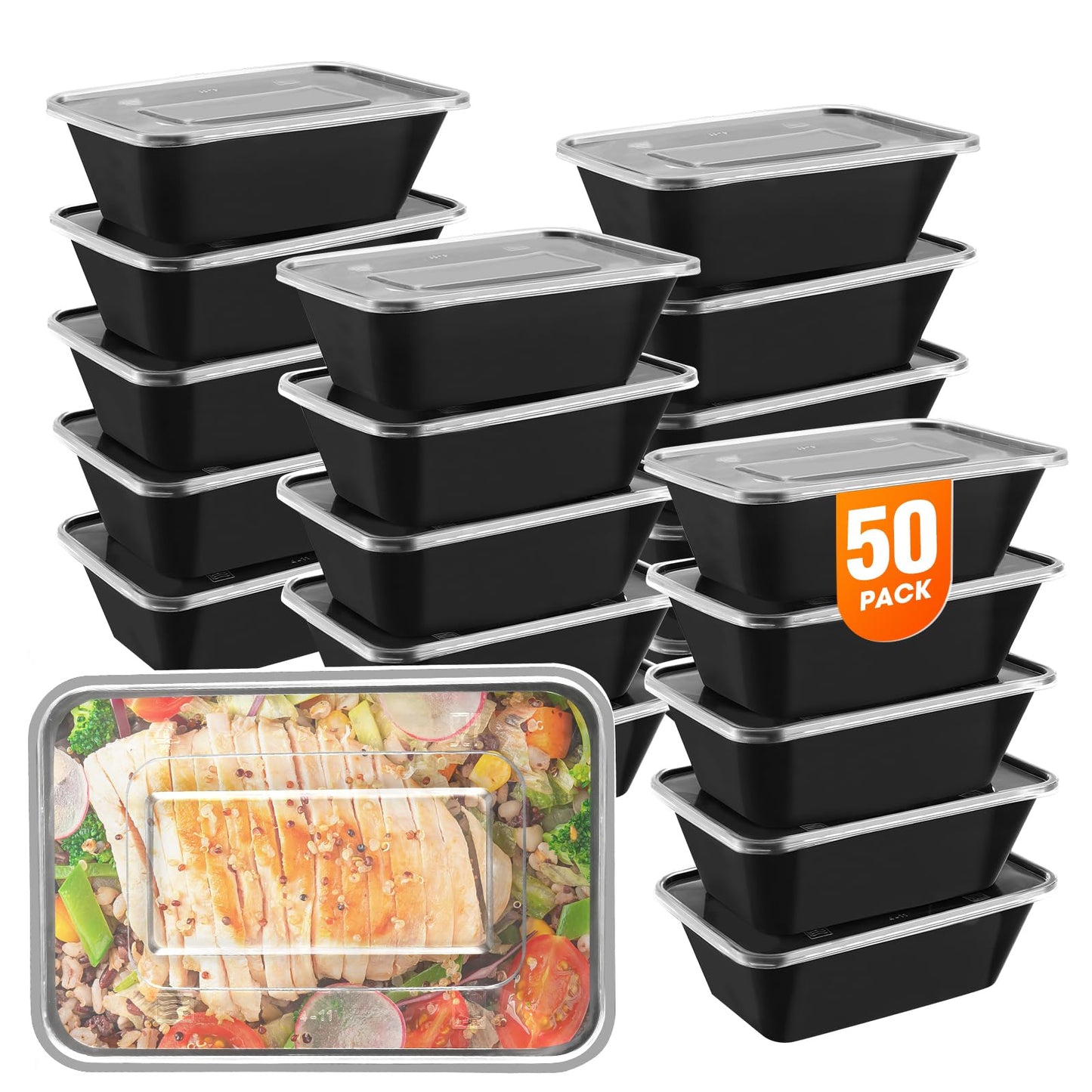 fapugh 50 pack (100 pieces) 25oz meal prep containers, reusable, easy to open with lid, food safe, suitable for microwave ovens, refrigerators and dishwashers, plastic food storage trays
