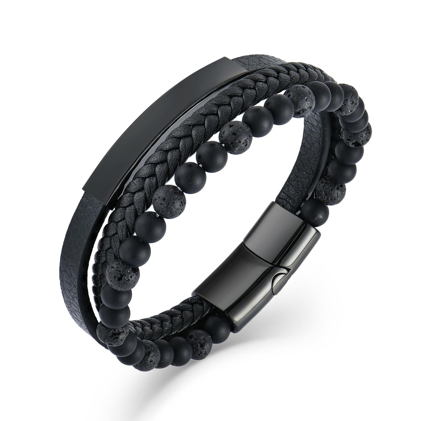 Raymard Mens Tiger Eye Matee Black Onyx Lava Rock Volcanic Stone Beaded Bracelet, Black Braided Leather Bracelet for Men-Matee Black Onyx&Lava Rock