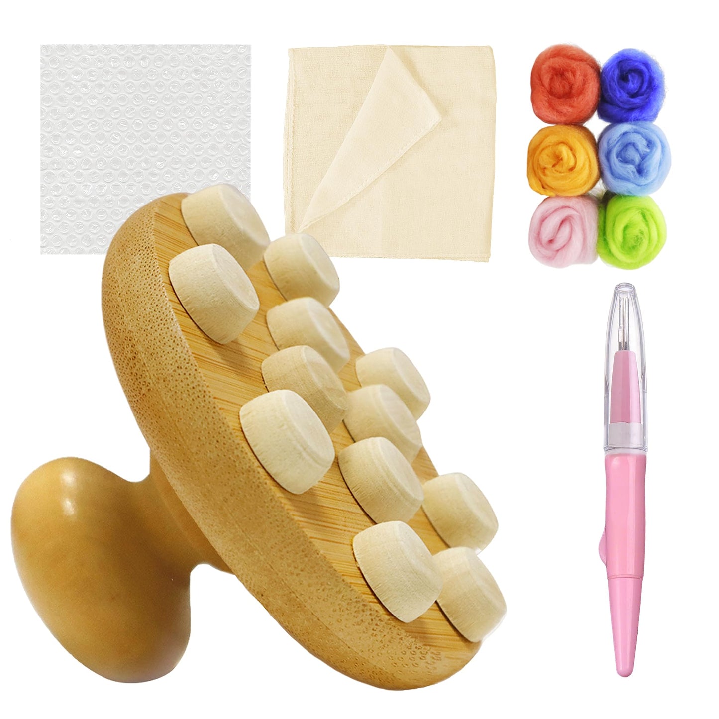 WEICIM Wet Felting Tool/Wooden Wet Felting Tool/Fulling Block, Contains 60 g Needle Felting Wool Roving Bag and Felt Perforator,Great for Working on Seams, Flat Felt