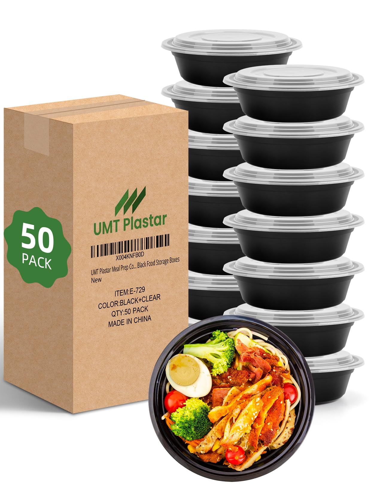 UMT Plastar 32 oz Round Meal Prep Bowls with Lids, 50 Pack BPA-Free To Go Food Containers, Microwave Freezer Dishwasher Safe, Round Food Storage Containers for Meal Prep Takeout