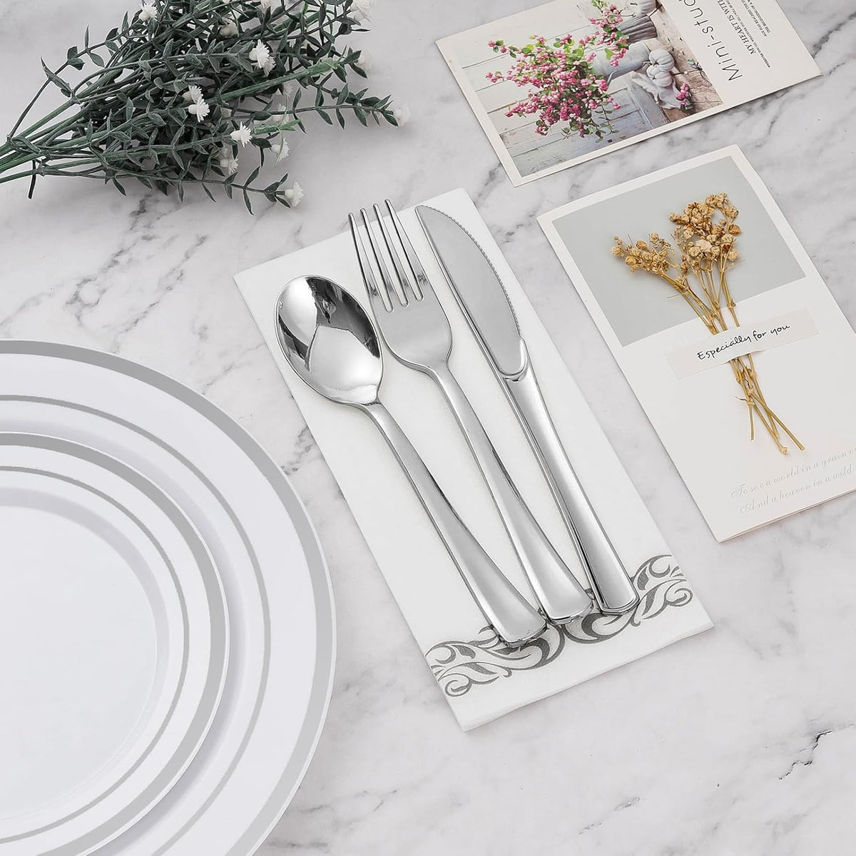 BESTVIP 350 PCS Silver Dinnerware Set for 50 Guests, Plastic Dinnerware Set for Party, Wedding, Christmas, Halloween, Include: 100 Plastic Plates, 50 Silver Silverware, 50 Cups, 50 Paper Napkins