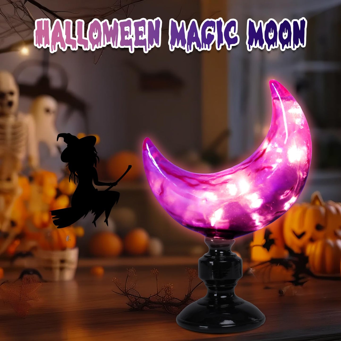 MUMTOP Halloween Indoor Decorations, Purple Moon with LED Light Halloween Magic Moon Figurine Resin Statue for Home Kitchen Room Party Table Decor