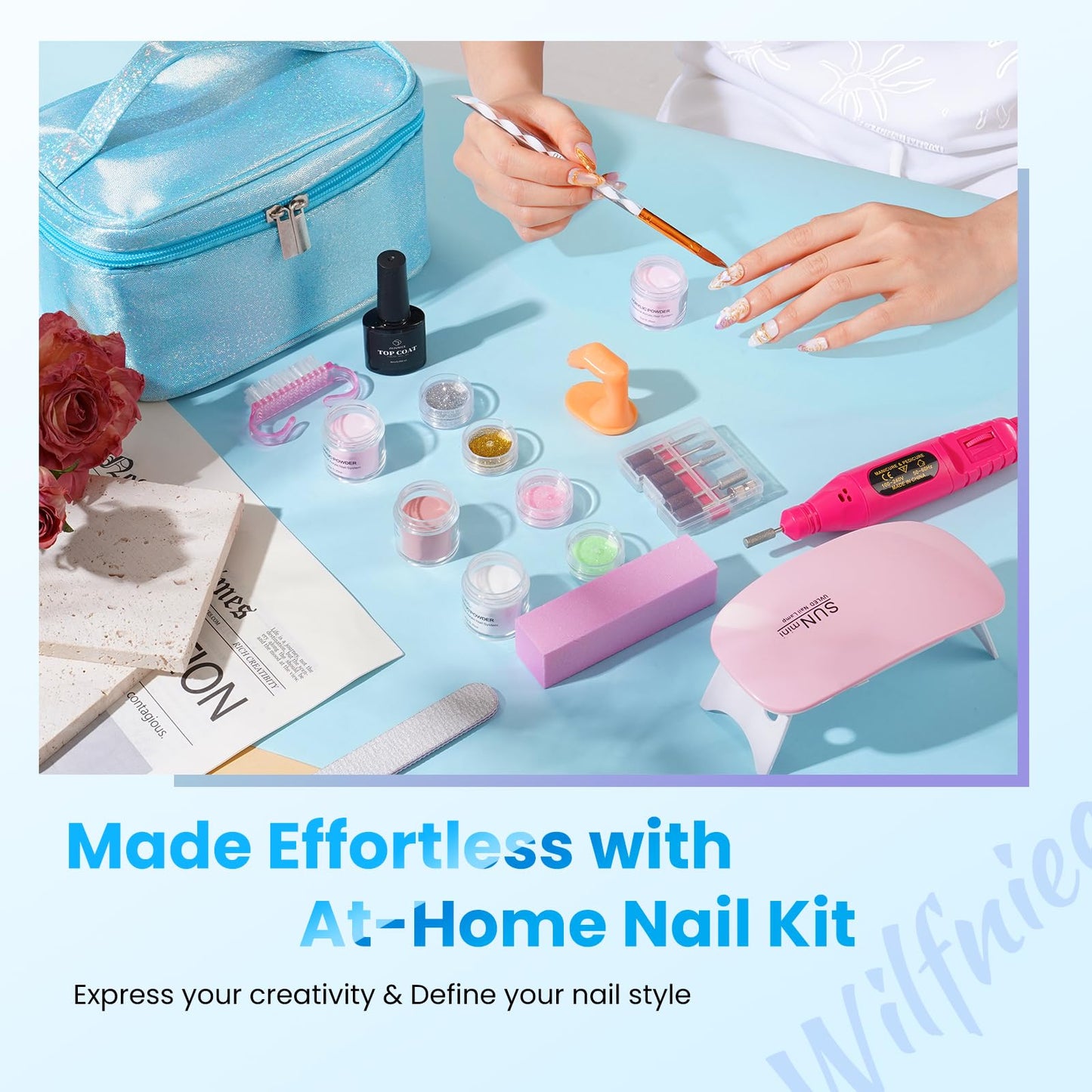 Nail Kit for Beginners with Everything: Acrylic Nail Set Professional Drill Powder Liquid Starter Kits with U V Lamp in Cosmetic Gift Bag for Women Salon Home(Blue)