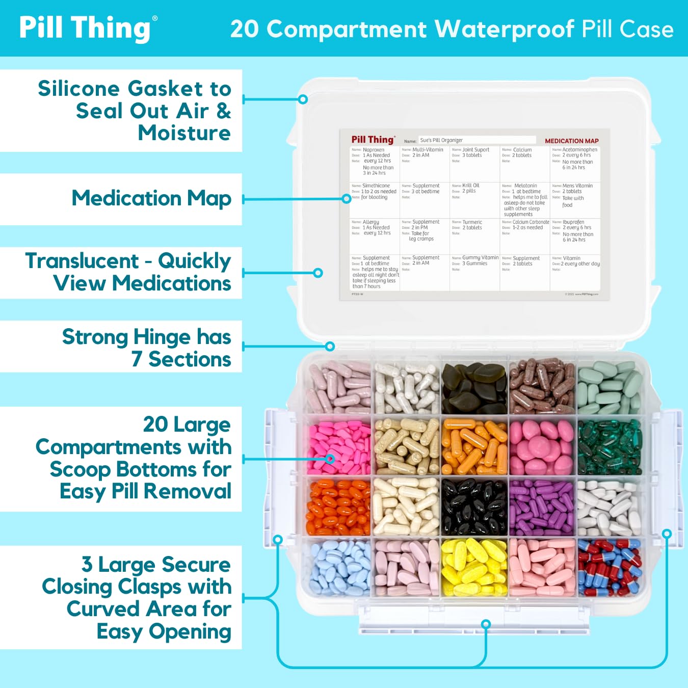 20 Compartment Large Pill Case with Airtight Seal - Silicone Gasket Waterproof Med Box with Medication Map (Clear, 1 Pack)