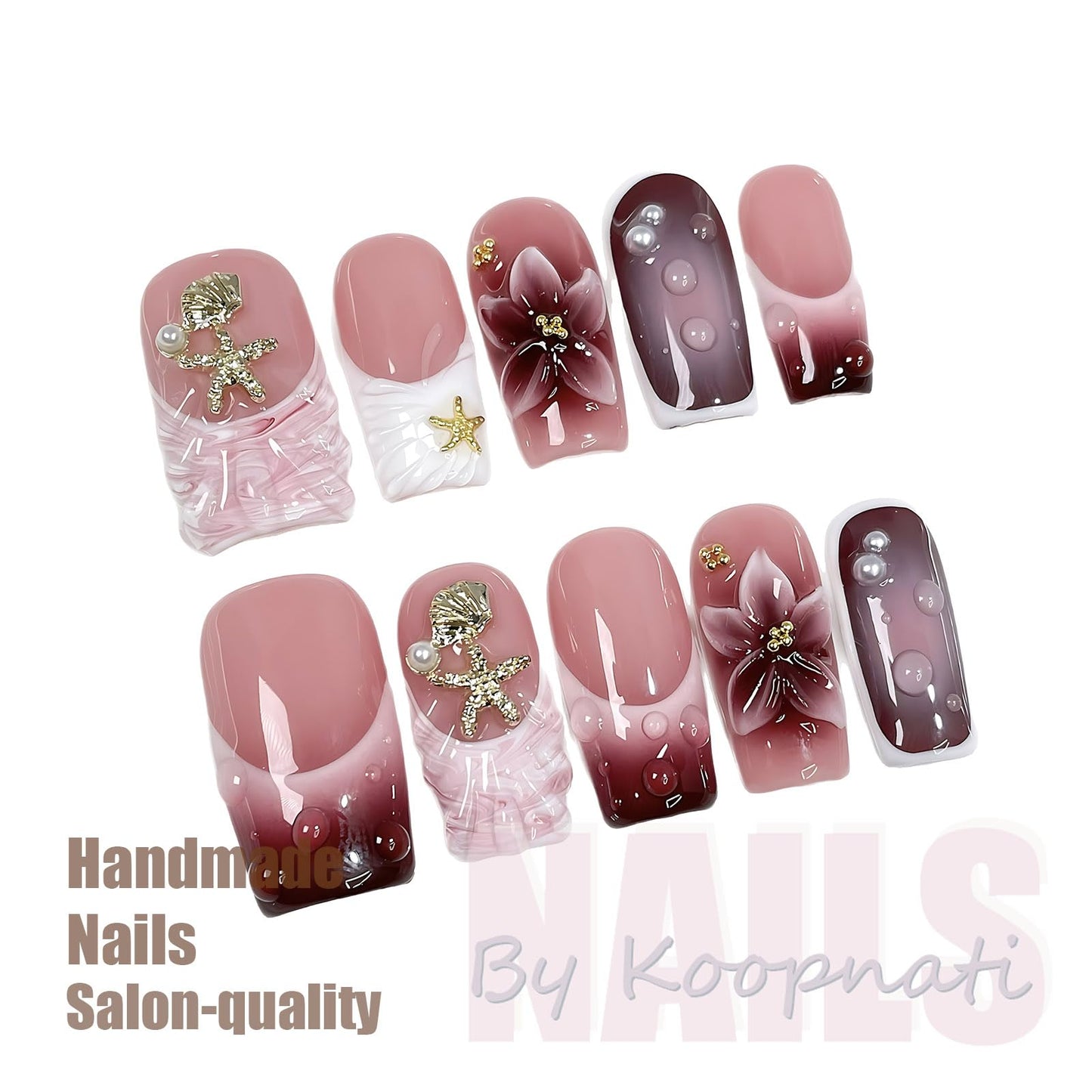 Handmade Press On Nails Square Pink Homemade Press On Nails French Tip With 3D Design Fake Nail Art For Women M