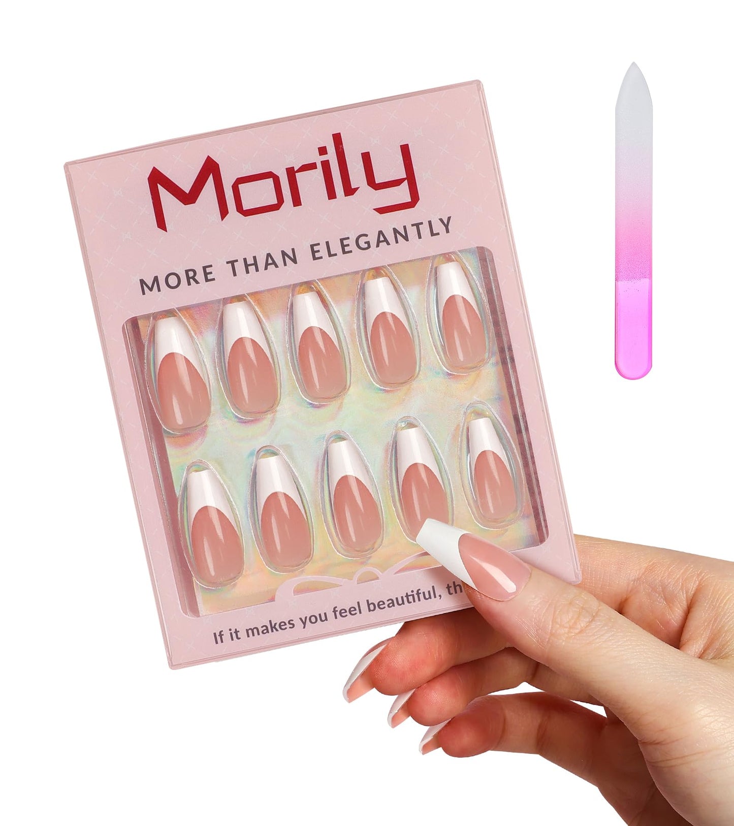 Morily Light Pink White French Tip Press on Nails, 30Pcs Long Coffin Thicker Fake Nails Reusable False Nails with Design, Glossy Acrylic Stick on Nails for Women, 15 Sizes, Include Glass File