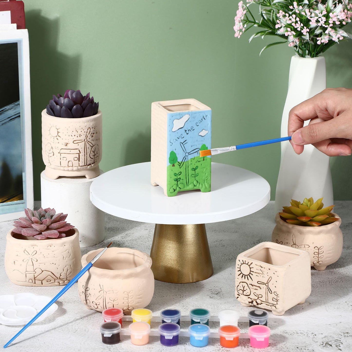 Hushee 12 Pcs Ceramic Succulent Planters White Ceramic Pots Paintable Succulent Plant Planters Containers Small DIY Figurines Unpainted Pots with Drainage Hole Paintbrushes Palettes(Windmill)