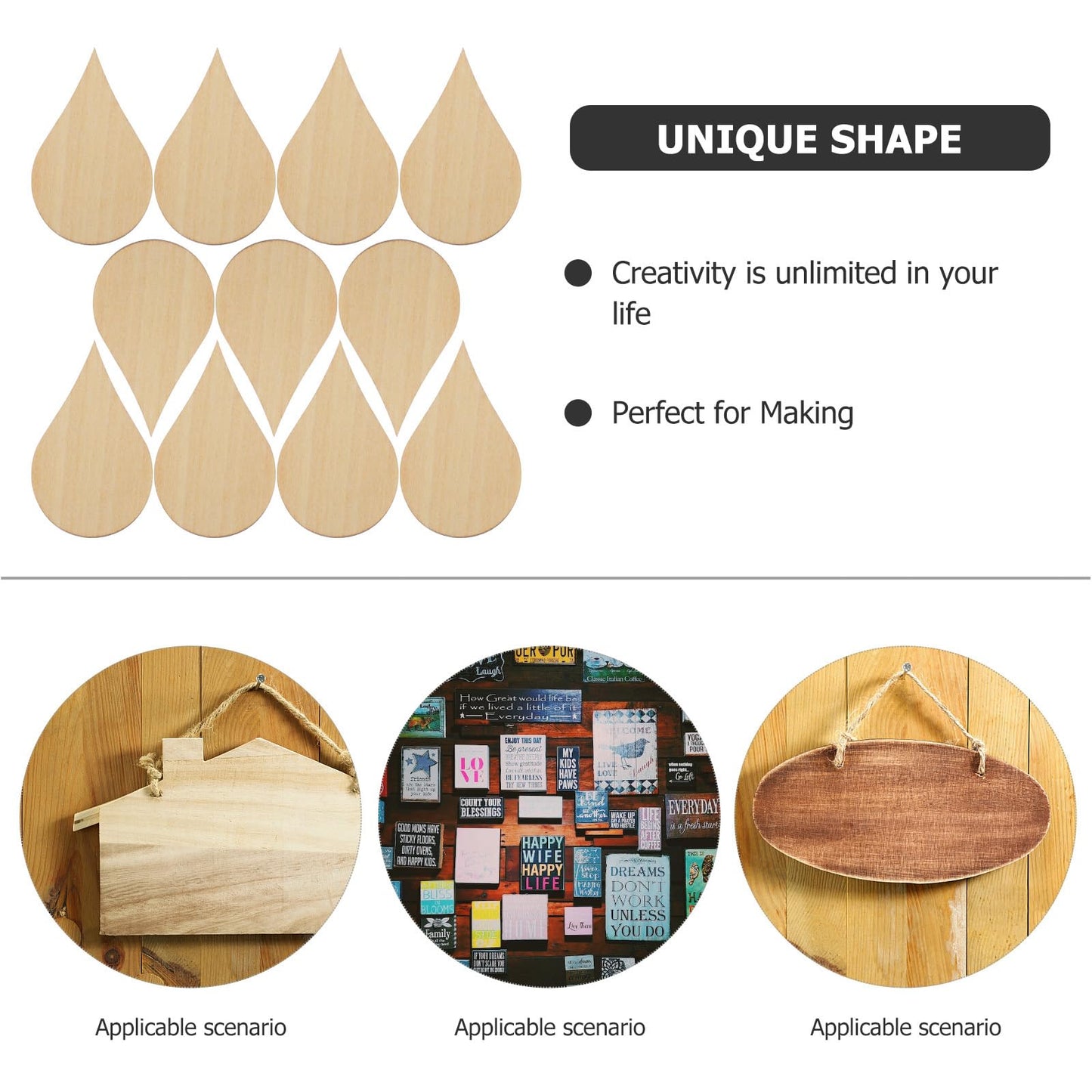 Amosfun 20 Pcs Water Drop Shape Wooden Chips 1.96X1.18 Inch Unfinished Wood Craft Pieces for DIY Home Decor Scrapbooking and Handmade Embellishments