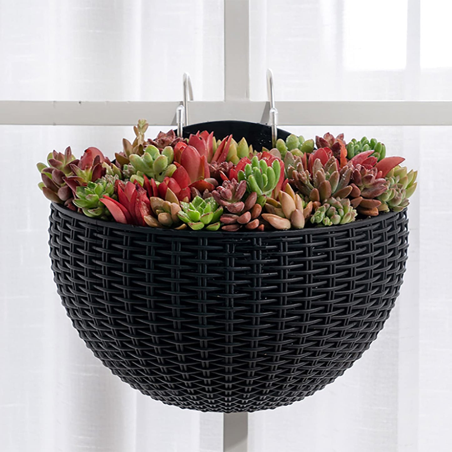 Hanging Planter Pot, Wall and Railing Hanging Planters with S Hooks, Half Round Imitation Rattan European Style Wall Flowerpot Rustic Decorative Flower Basket for Home Balcony(#2pcs 26 * 20.5cm Grey)