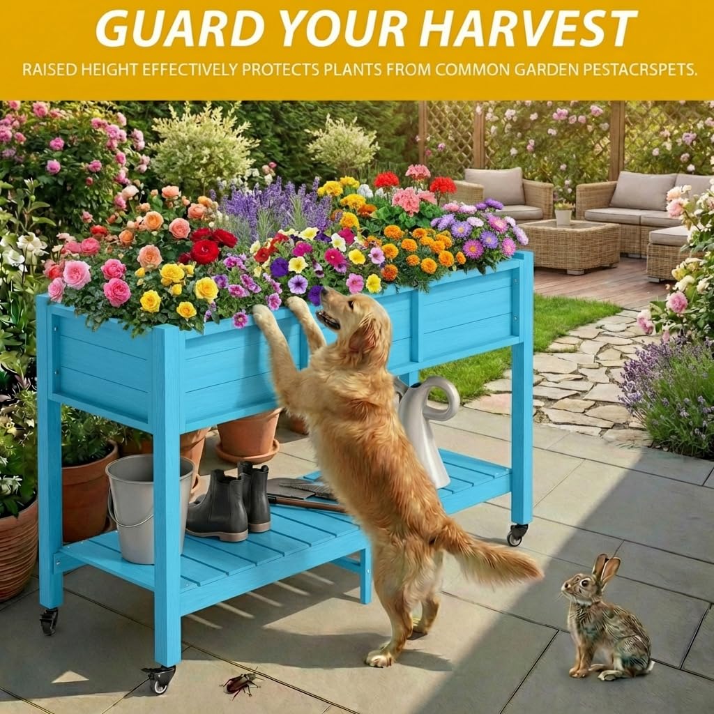 DWVO 47x18x31in Raised Garden Bed HDPE, Weather-Resistant Poly Wood Planter Box Stand, Planter Box with Legs, Storage Shelf & Lockable Wheels, Elevated Garden Bed for Backyard Patio - Aruba Blue