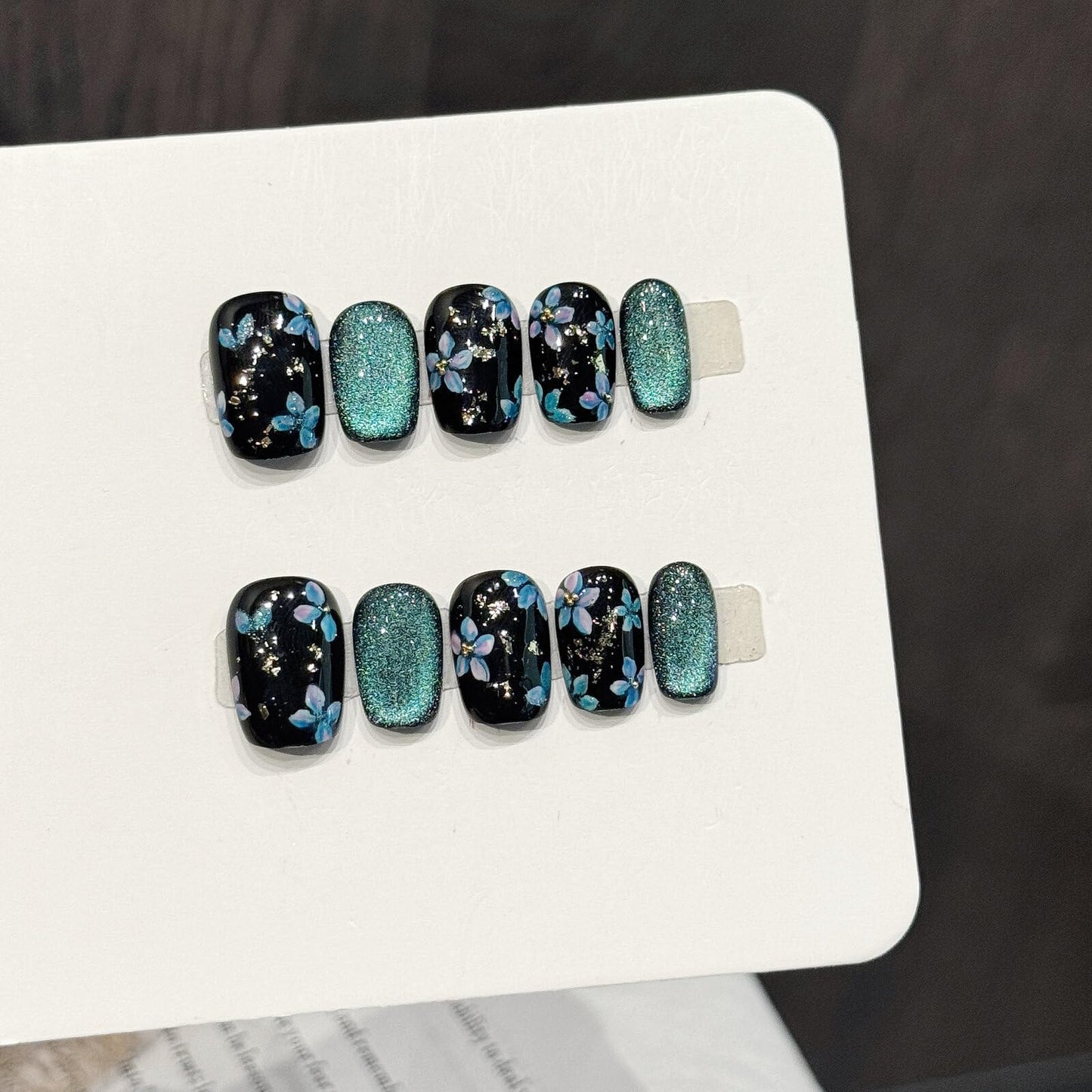 BTBT ARTCharms Handmade Nails Square Shape Cool Chic Style Black Base Blue Floral Patterns Glitter Embellishments Smooth Glossy Surface Fashion Manicure Easy Wear Press on Nails 10 pcs (M)