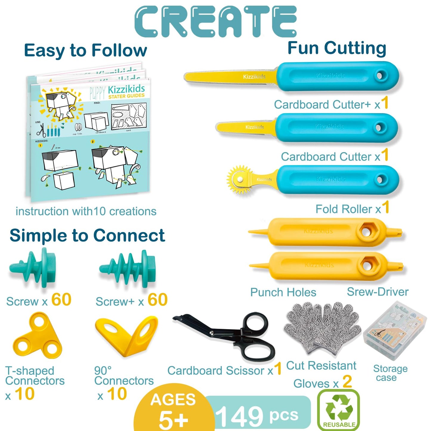 Kizzikids Cardboard Tools for Kids with Cutter &Tool Box, 149 PCS Cardboard Construction Kit for Family & Team Activities, Creative STEM Educational Toys Gift for Boys and Girls Aged 5+