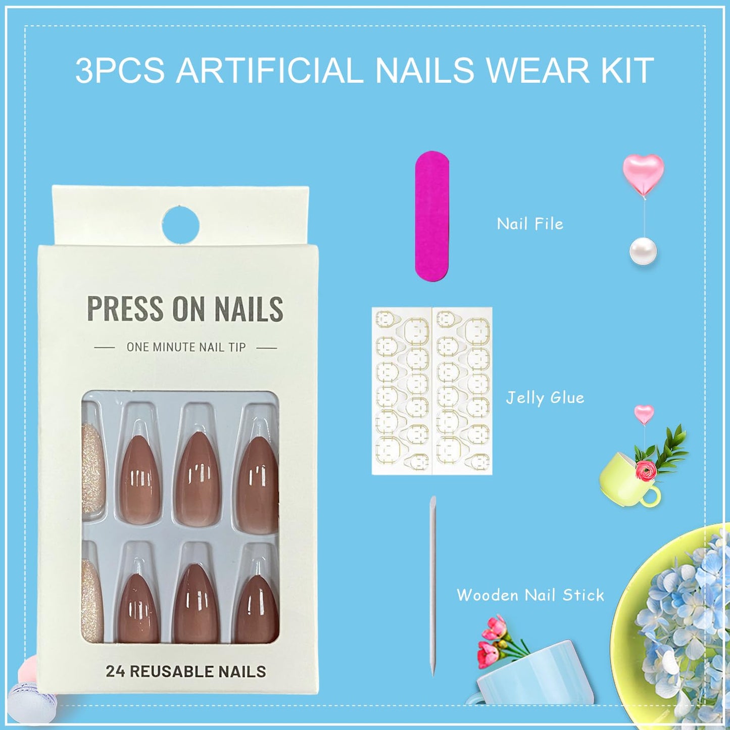Tyuimhx 24Pcs Medium Almond Press on Nails Nude Fake Nail With Leaf Designs Glitter False Nails Glossy Full Cover Stick on Nails Acrylic Reusable Artificial Glue on Nail for Women