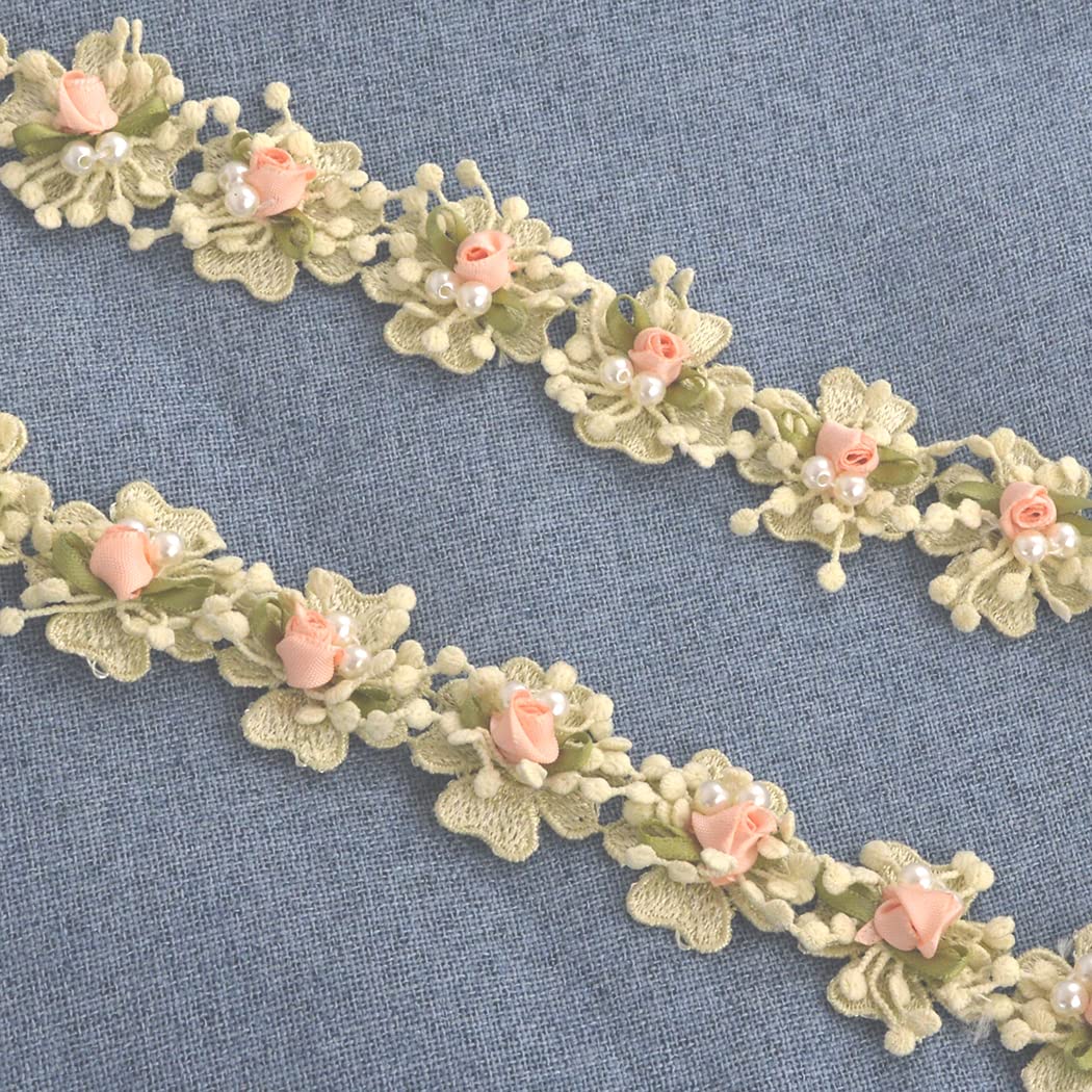 Kuasting 2 Yard Vintage Pearl Flower Ribbon Scallop Edge Trim Lace Fabric Sewing Lace Trim Handmade DIY Sewing Supplies for Dress Embellishment (Small Pearl lace)