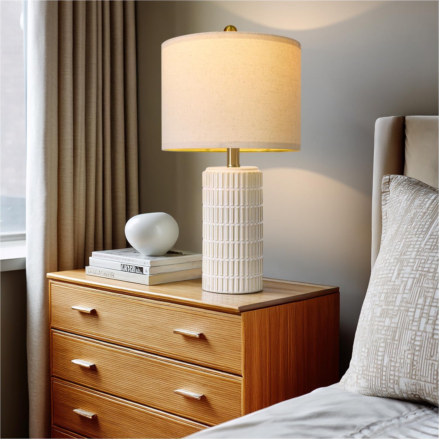 PoKat 20.75" Small Modern Ceramic Table Lamps Set of 2 for Bedroom, White Bedside Lamps for Night Stands, Farmhouse Desk Decor Gift Nightstand Table Lamps for Living Room End Table Beige