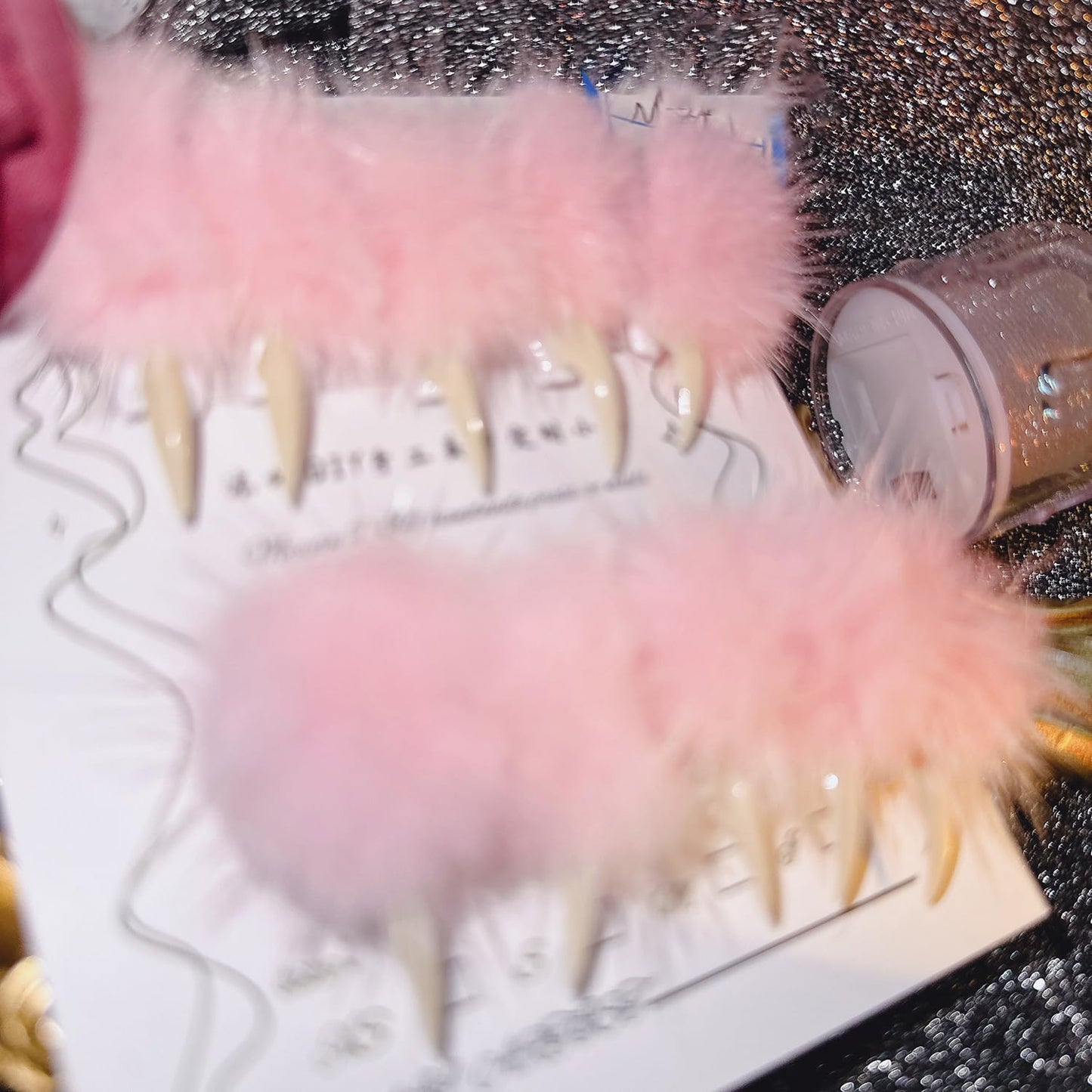 10 Pcs Luxury Press on Nails Medium Curved Stiletto Handmade Cat Claw Reusable Nails Press Ons Unique with Pink Furry Fur Designs Cat Claw Fake Nails Glossy Thick Acrylic Glue on Nail (S)