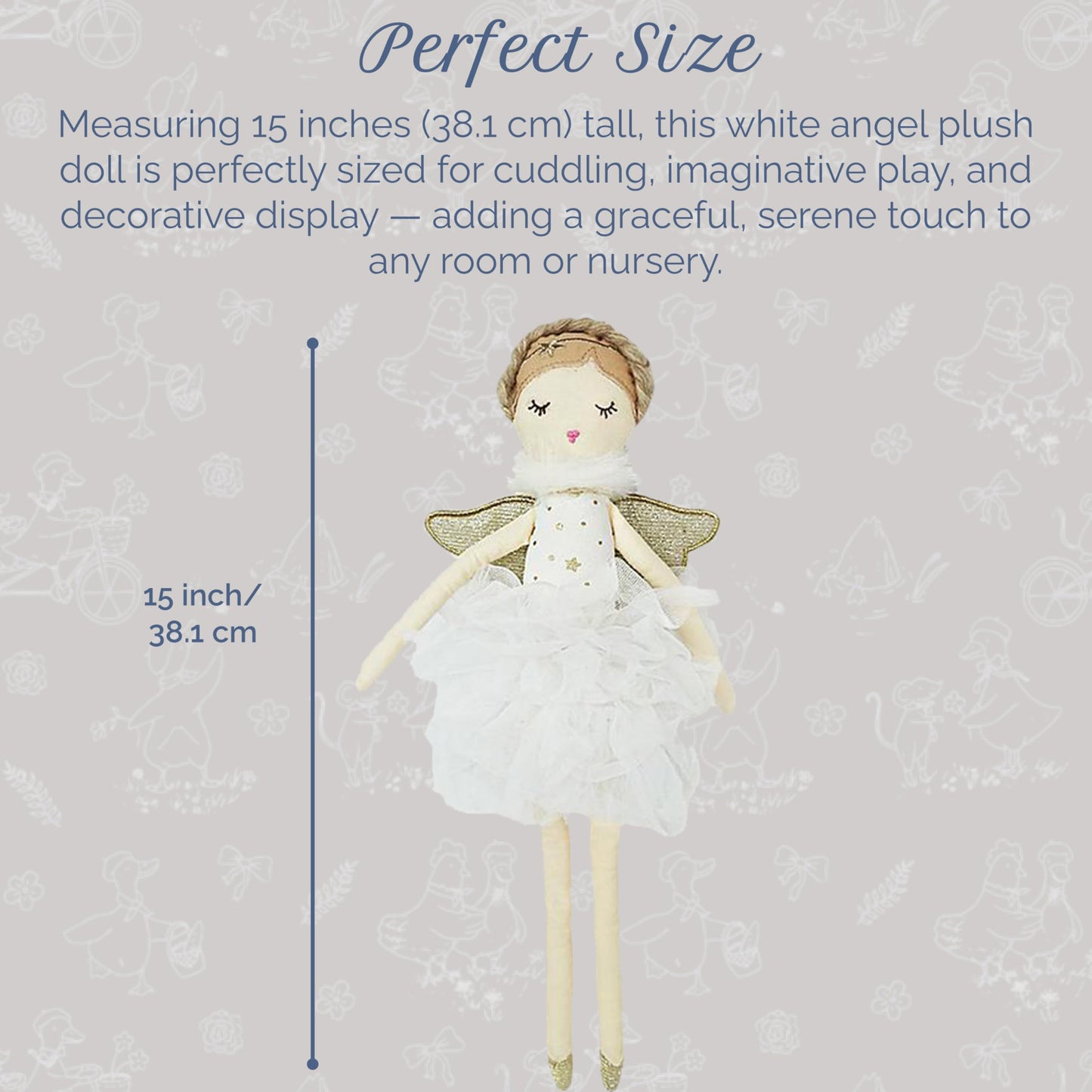 MON AMI Adele Small White Angel Stuffed Doll – 15”, Soft & Cuddly Plush Doll, Use as Toy or Room Decor, Great Gift for Kids of All Ages