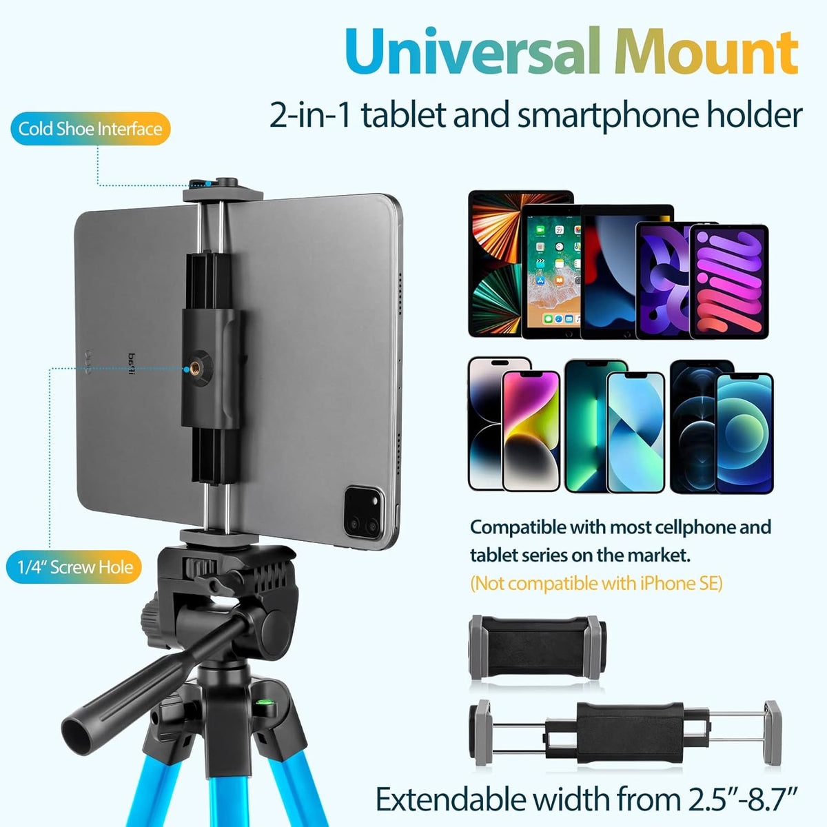 Aureday Phone Tripod Stand, 64” Extendable Cell Phone&Camera Tripod with Wireless Remote and Phone Holder, Aluminum iPad Tripod for Video Recording/Selfies/Live Stream/Vlogging (Blue)